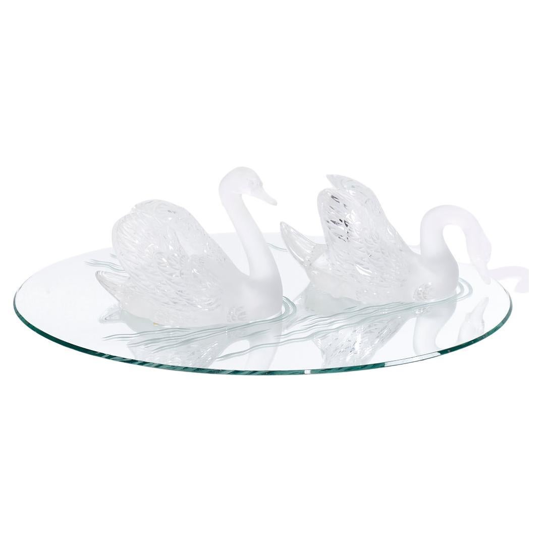 Lalique Frosted Crystal Swimming Swans Pair with Mirror