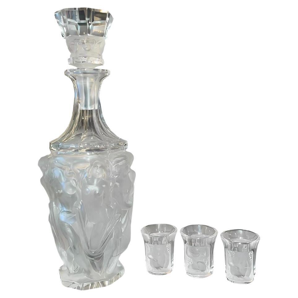 Lalique Frosted Glass Decanter with Three Shot Glasses, France, 1930's. For Sale
