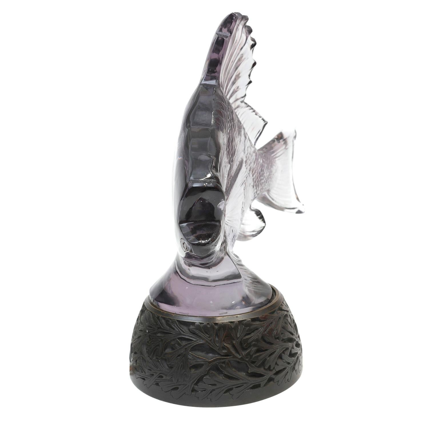 Gray Lalique Glass Fish Sculpture Lamp For Sale