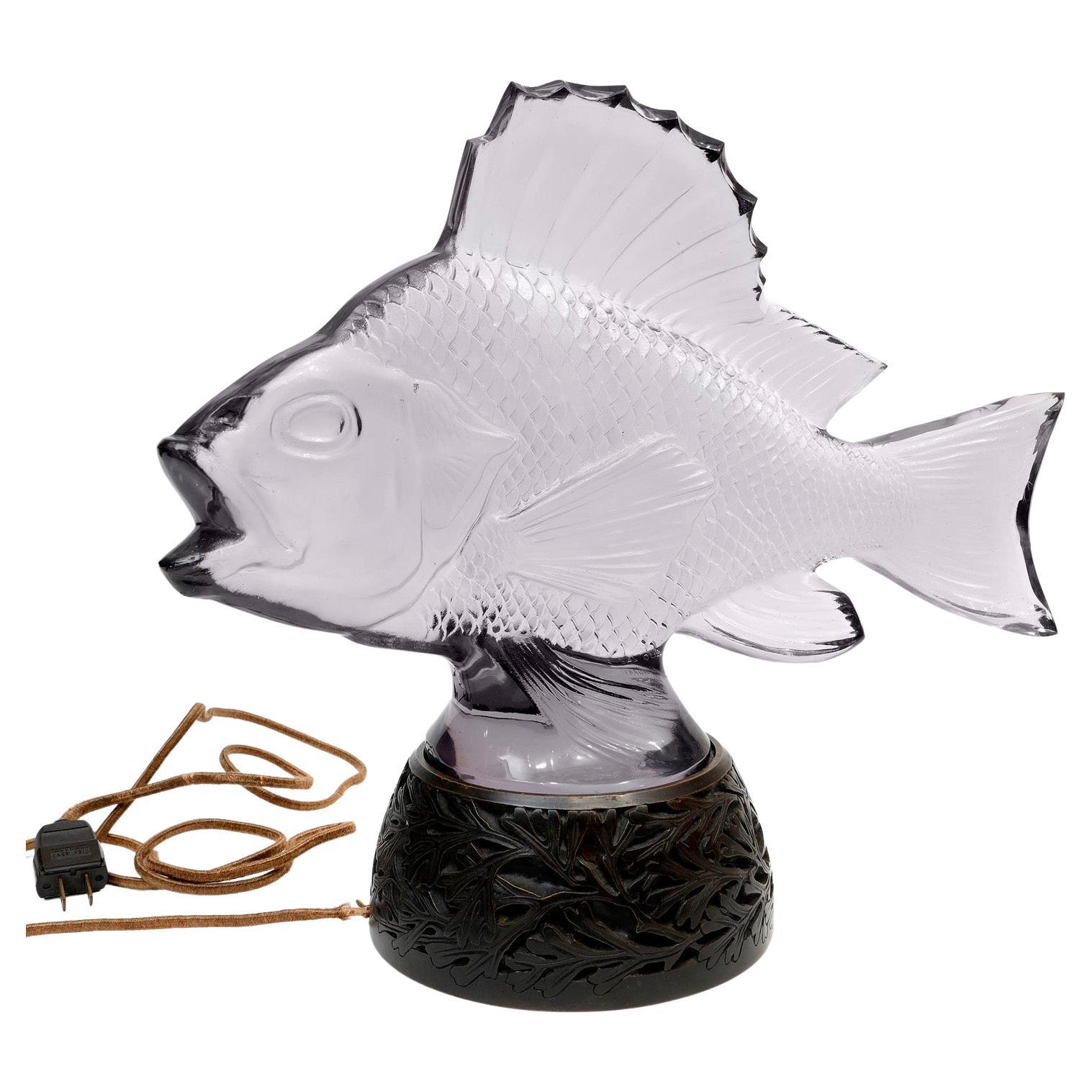 Lalique Glass Fish Sculpture Lamp For Sale