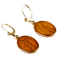 Vintage Lalique Glass French Intaglio Putto Yellow Gold Earings 