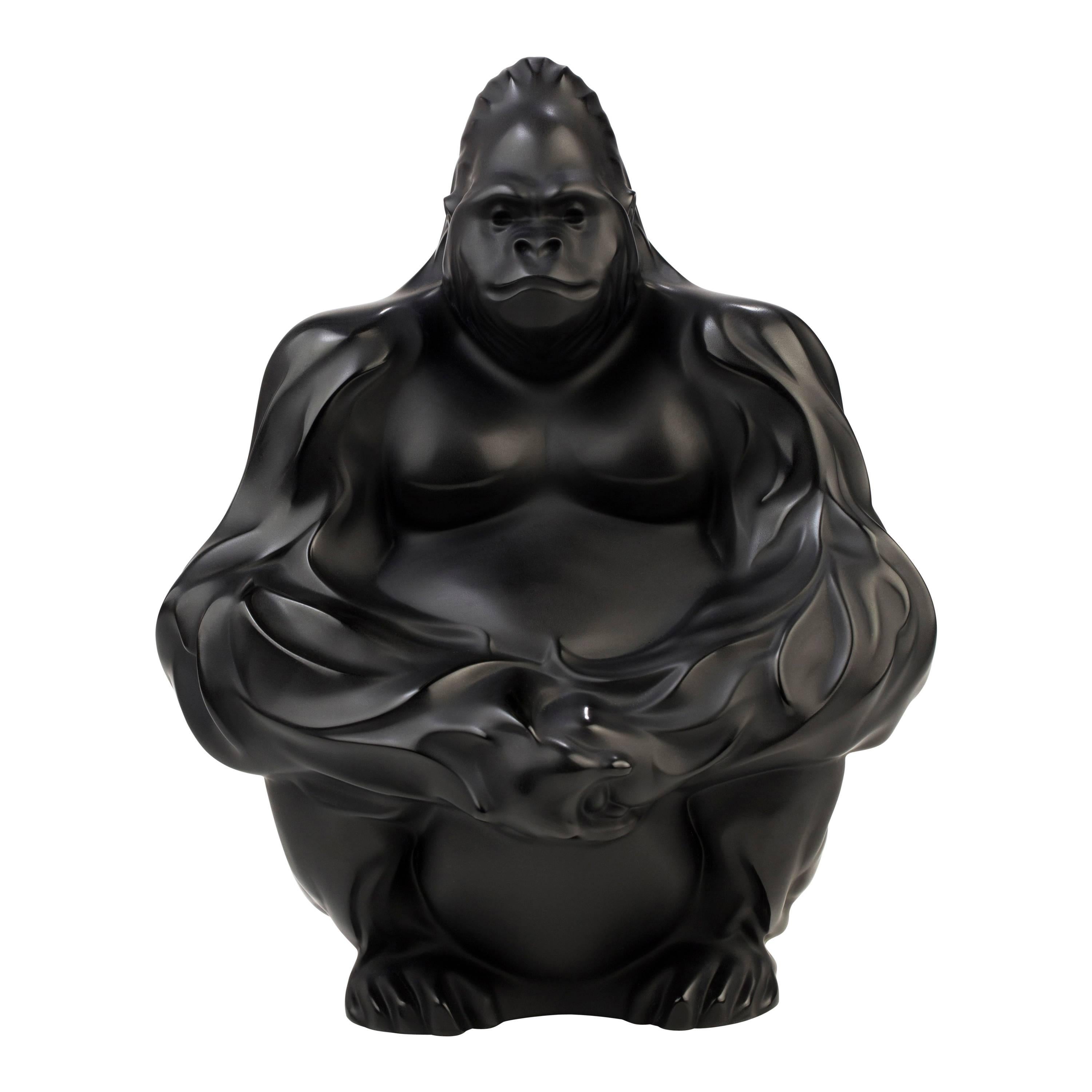 Figure/sculpture de Gorilla en cristal noir Lalique en vente
