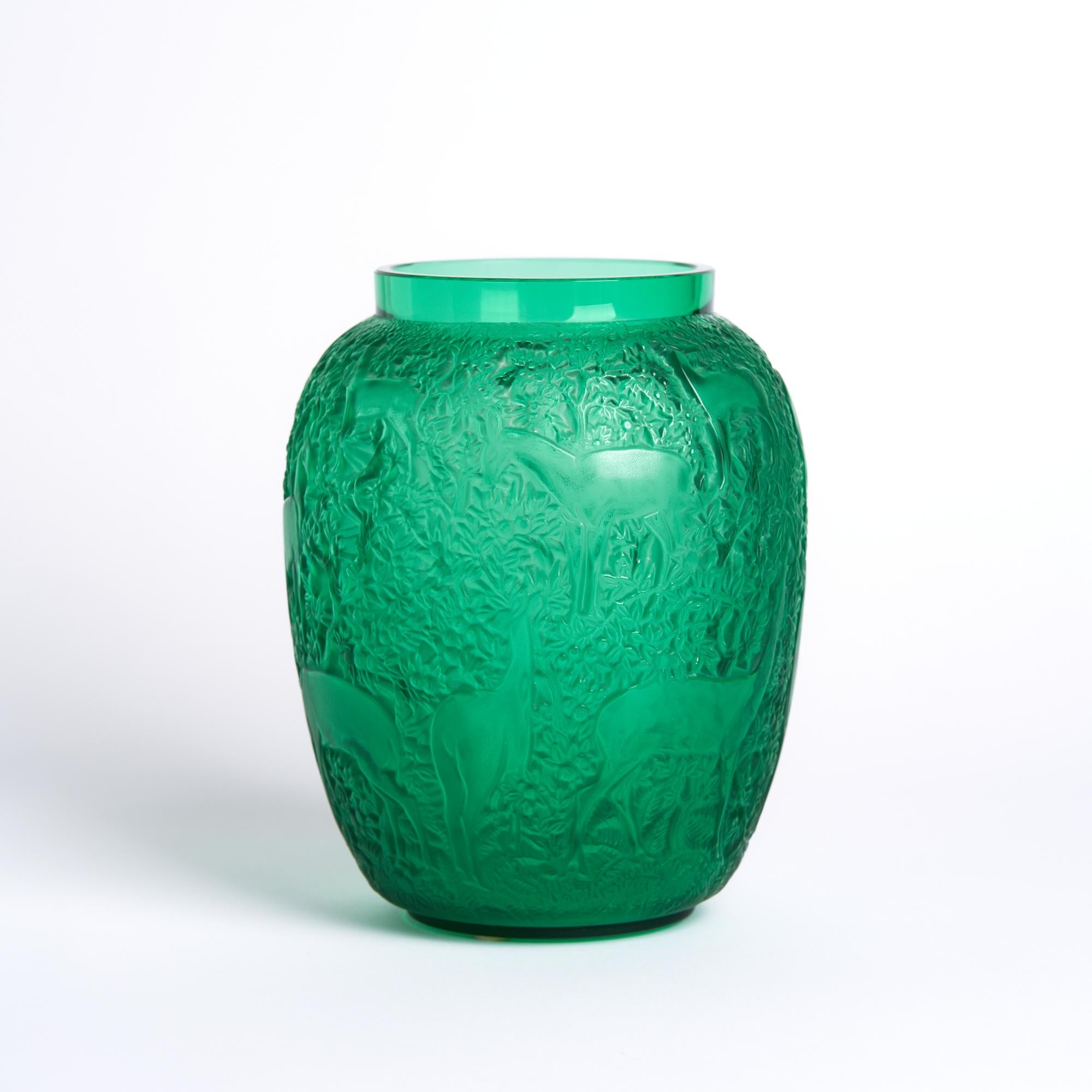 Contemporary Lalique Green Glass Biches Vase For Sale