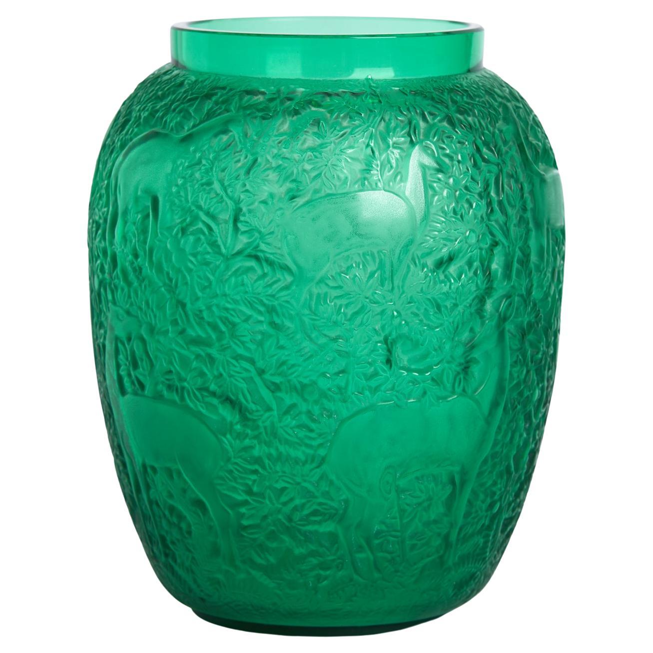 Lalique Green Glass Biches Vase For Sale