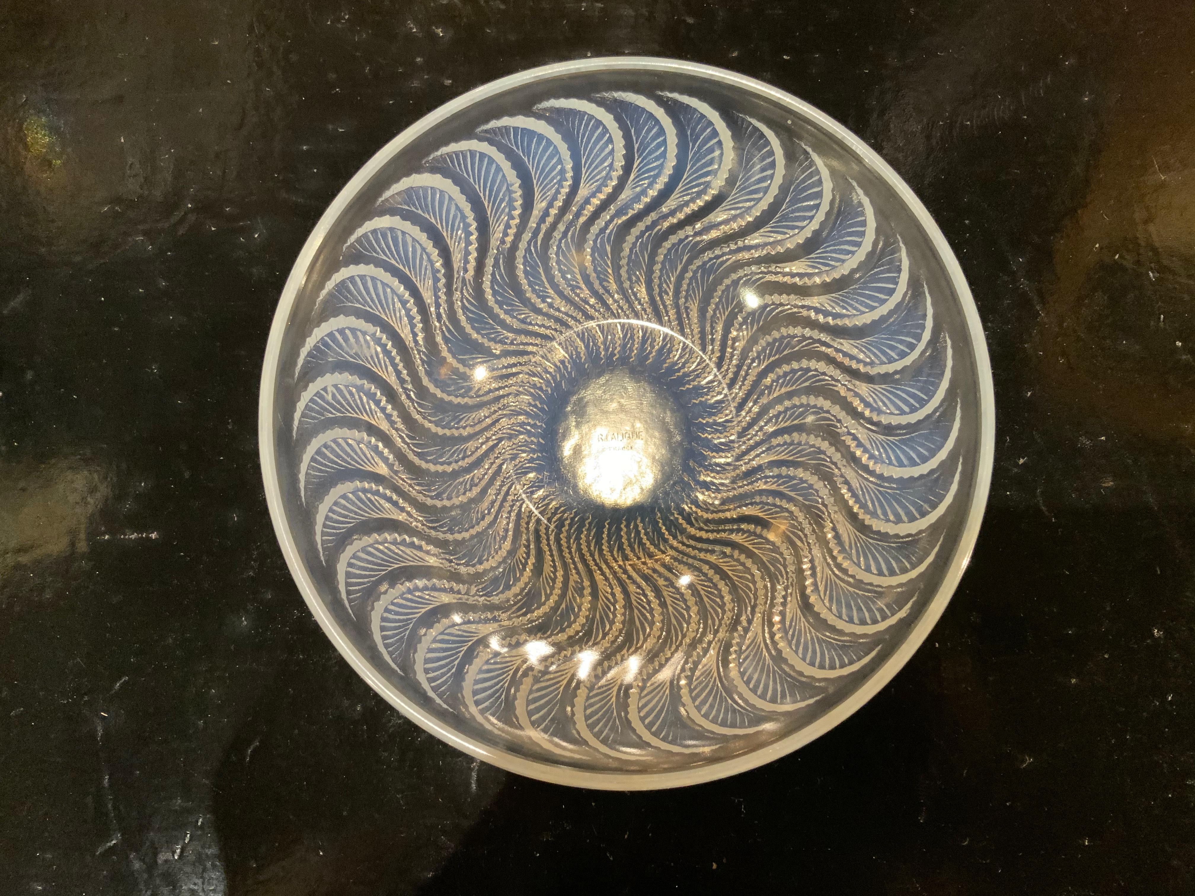 20th Century Lalique Iridescent Bowl with Feathered, Swirl Design Marked R Lalique For Sale