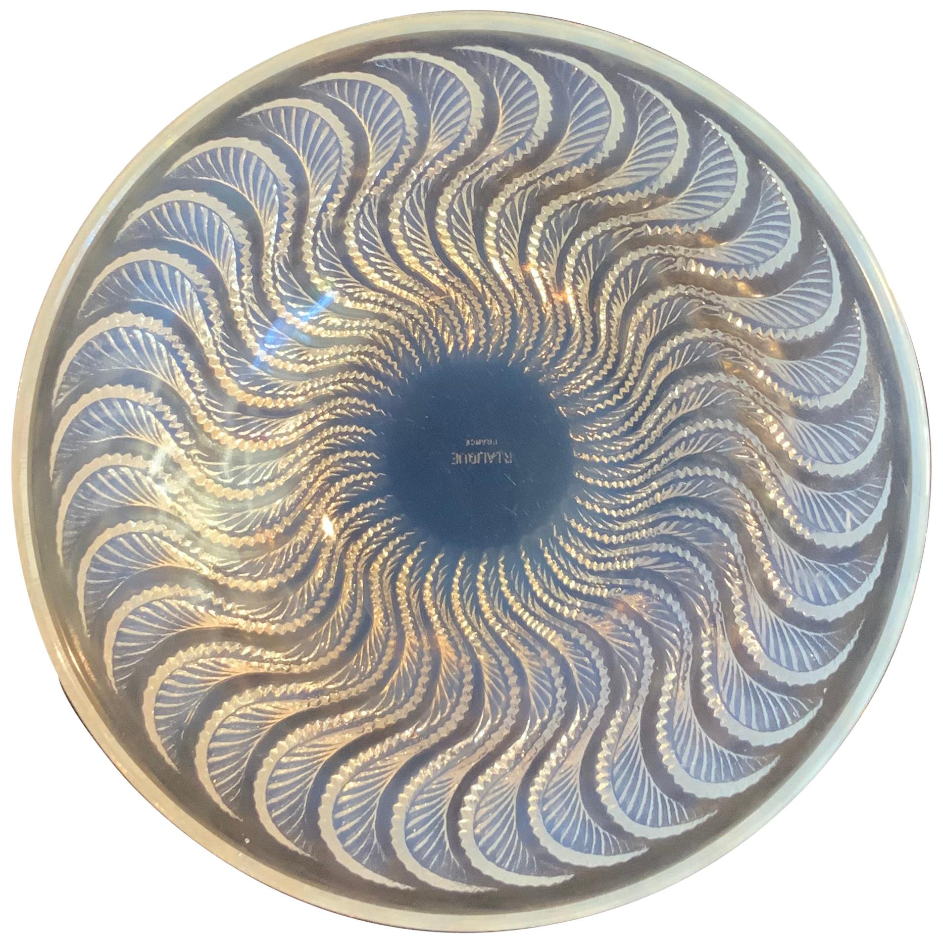 Lalique Iridescent Bowl with Feathered, Swirl Design Marked R Lalique For Sale