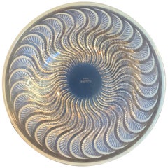 Retro Lalique Iridescent Bowl with Feathered, Swirl Design Marked R Lalique