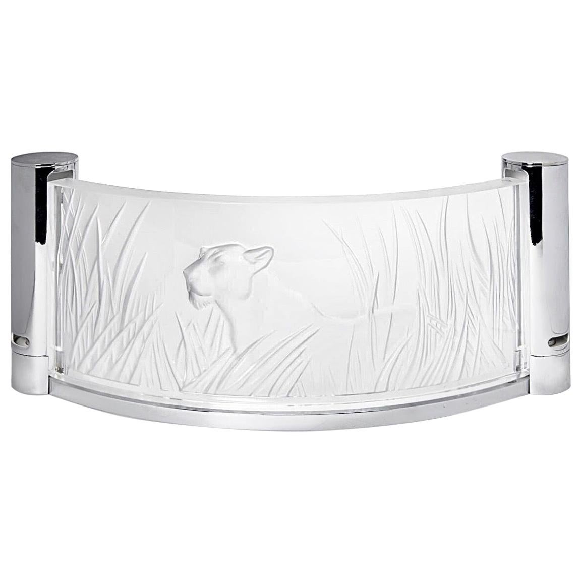 Lalique Kora Large Lioness Crystal Wall Light, Sconce, Chrome Accents, Signed