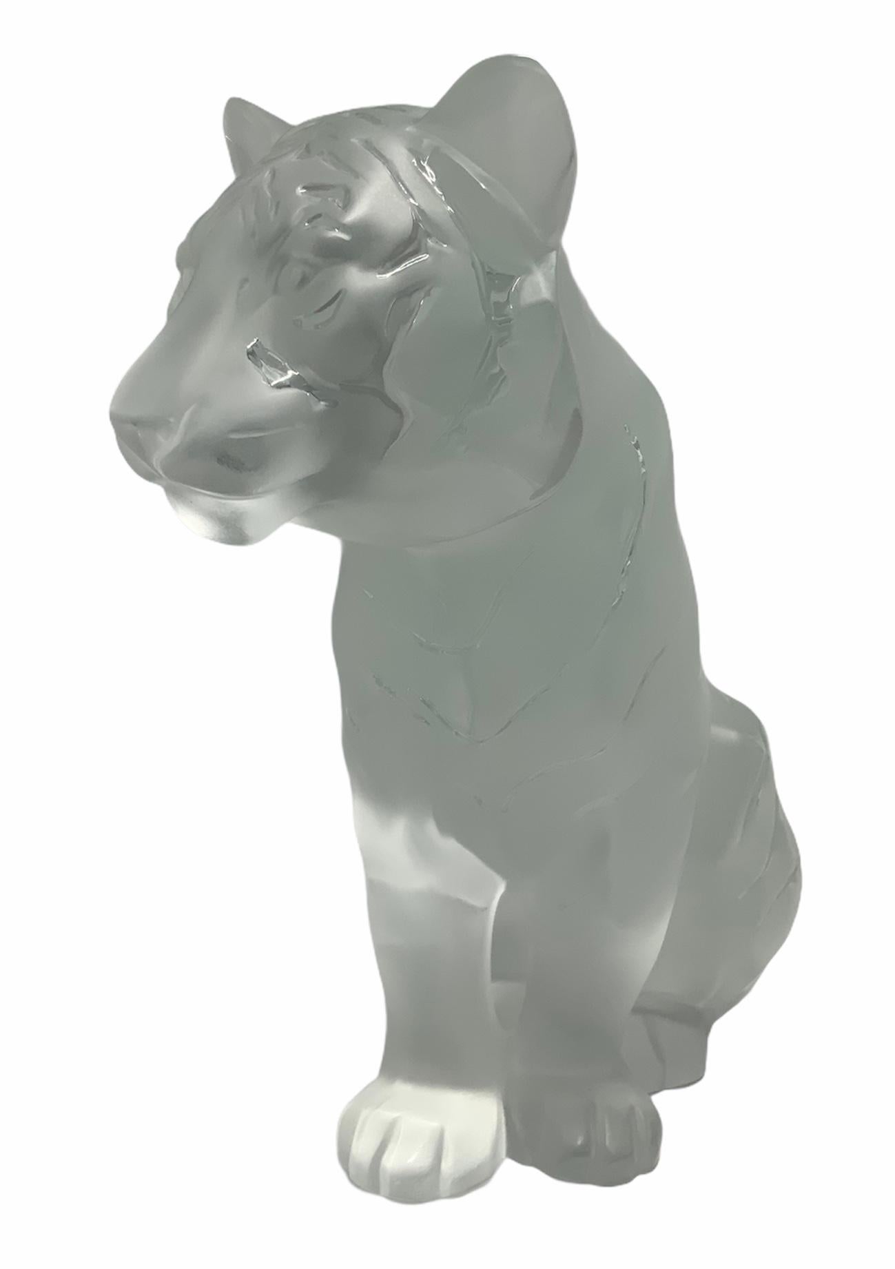 Cut Glass Lalique Large Frosted Sitting Tiger Sculpture