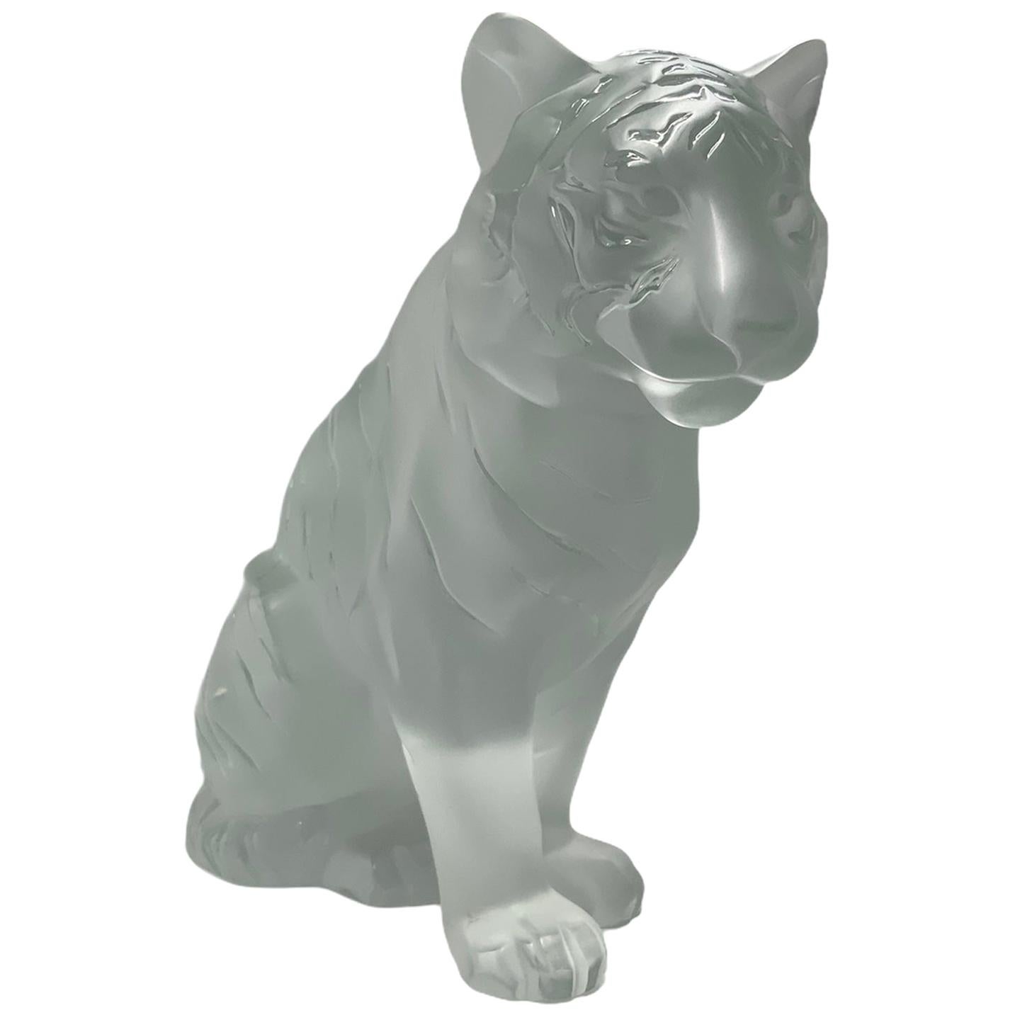 Lalique Large Frosted Sitting Tiger Sculpture