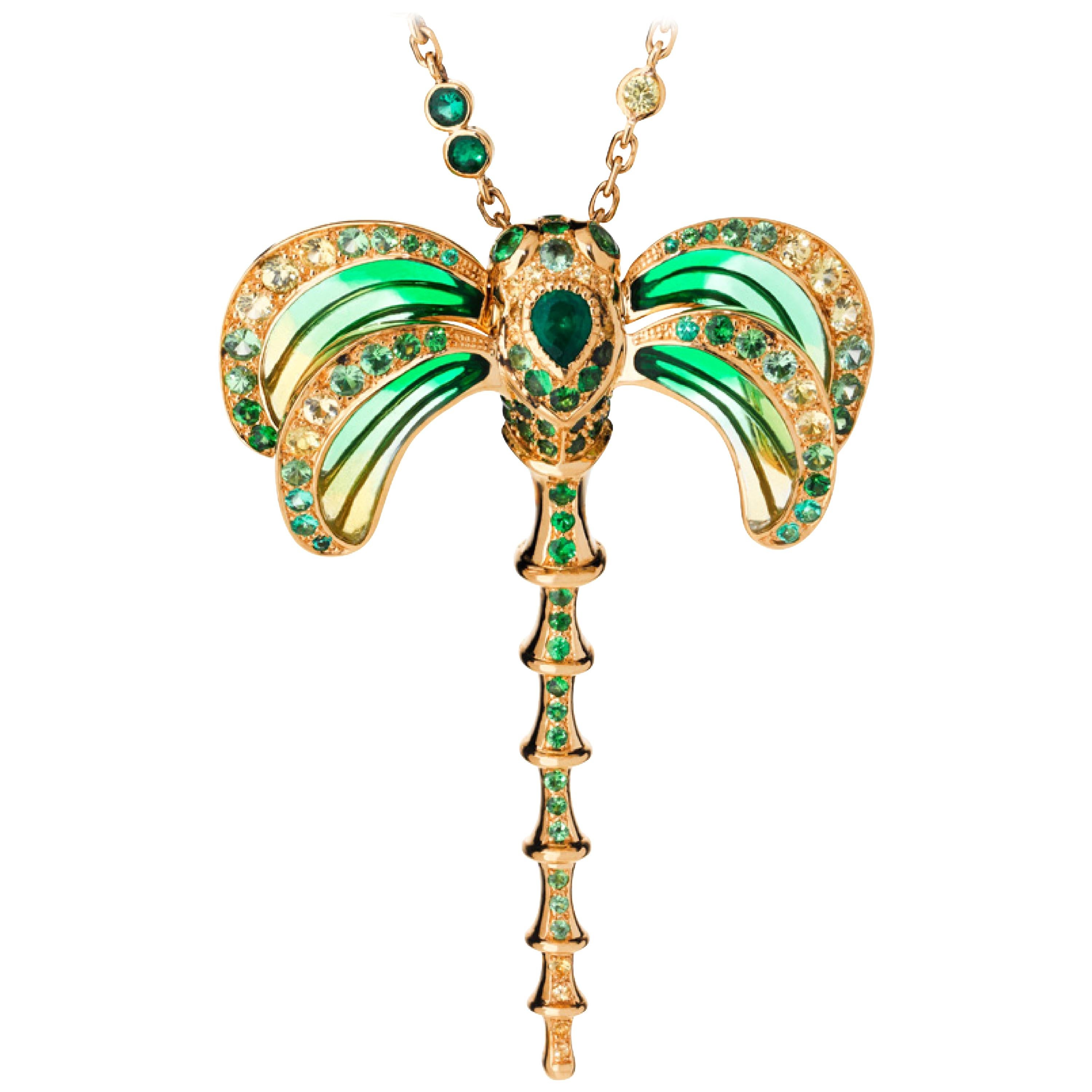 LALIQUE Libellule Emerald Pendant 18K Gold For Sale