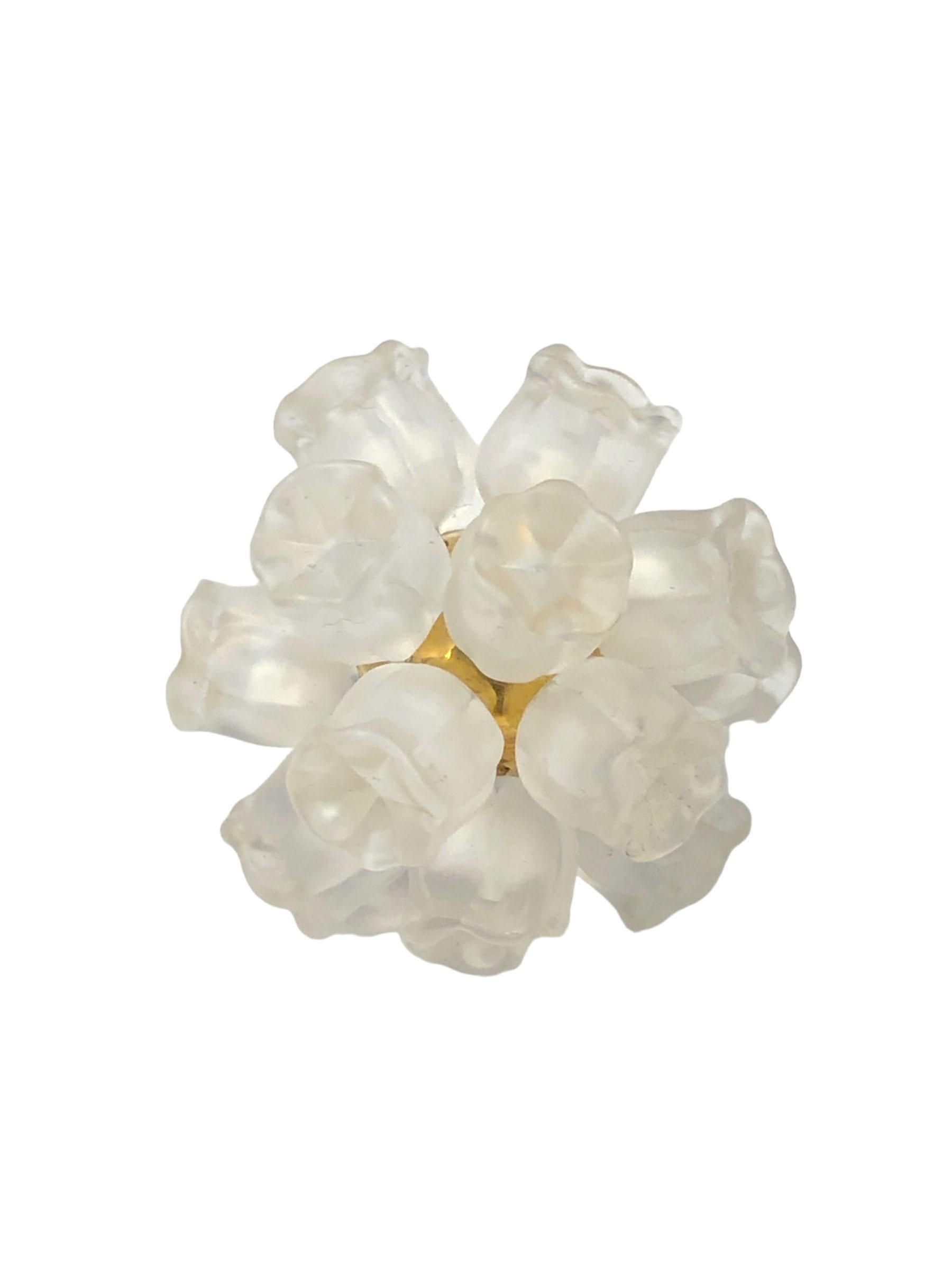 Circa 1990s Lalique Lily of the Valley Cluster Ring, size 5 Gold Gilt metal shank set with 11 Frosted Crystal Lily Flowers, this is near unworn and comes in the original presentation box with paperwork.