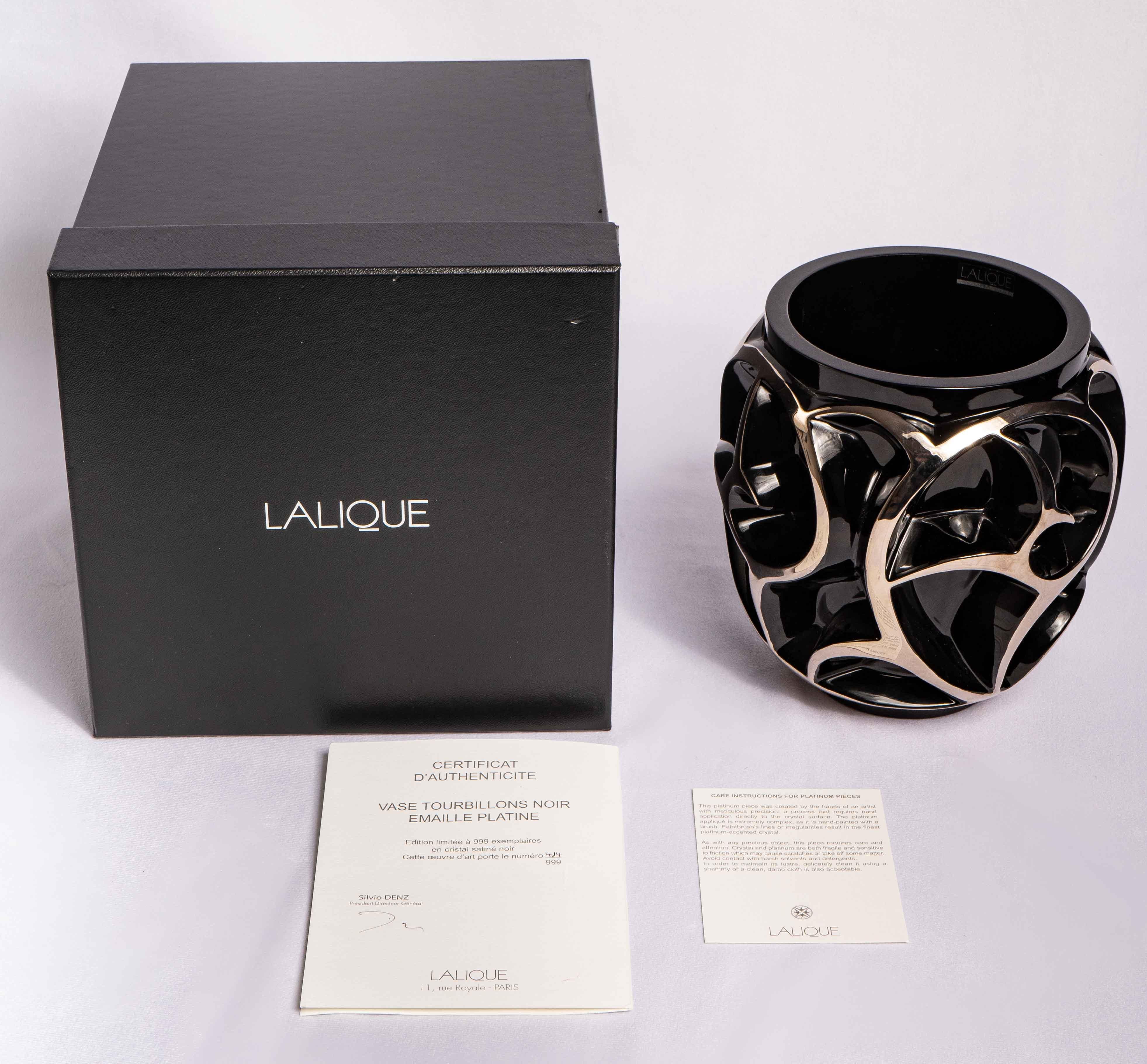 French Lalique Limited Edition Tourbillons Vase Black Crystal with Platinium Enamel