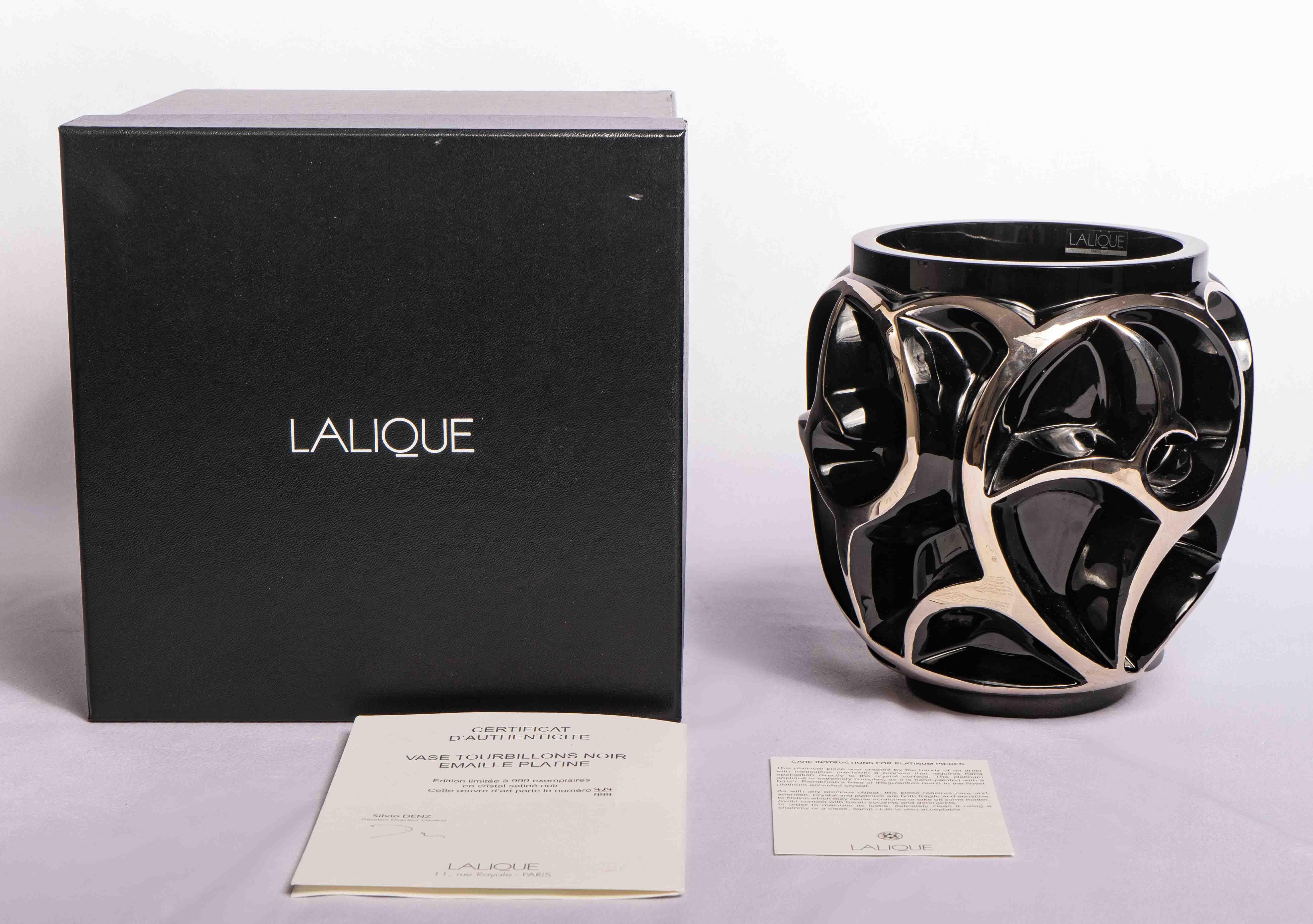 Molded Lalique Limited Edition Tourbillons Vase Black Crystal with Platinium Enamel