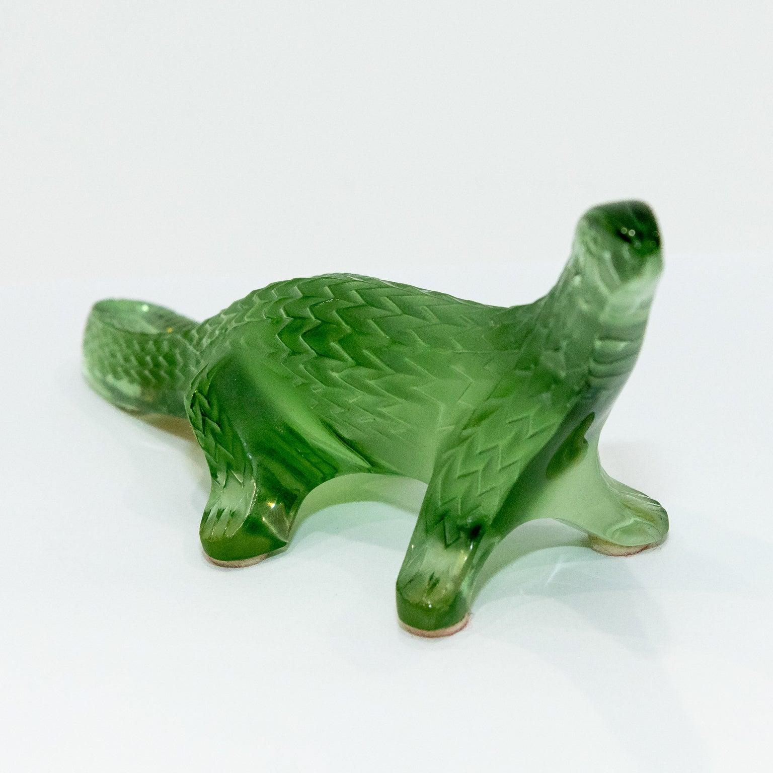 Mint green Lalique lizard signed figurine. Please note of wear consistent with age.