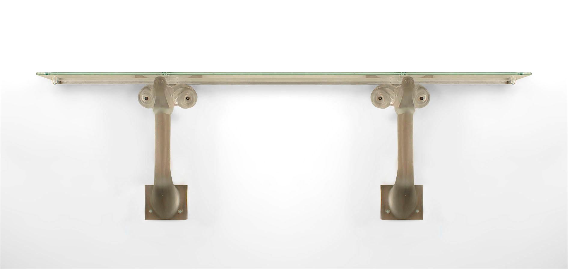 French (Circa 1975) wall bracket console table with 2 stylized frosted glass deer heads supporting a narrow glass top (Lalique Molded Glass 'Moulfon' Table, Designed by MARC LALIQUE)
