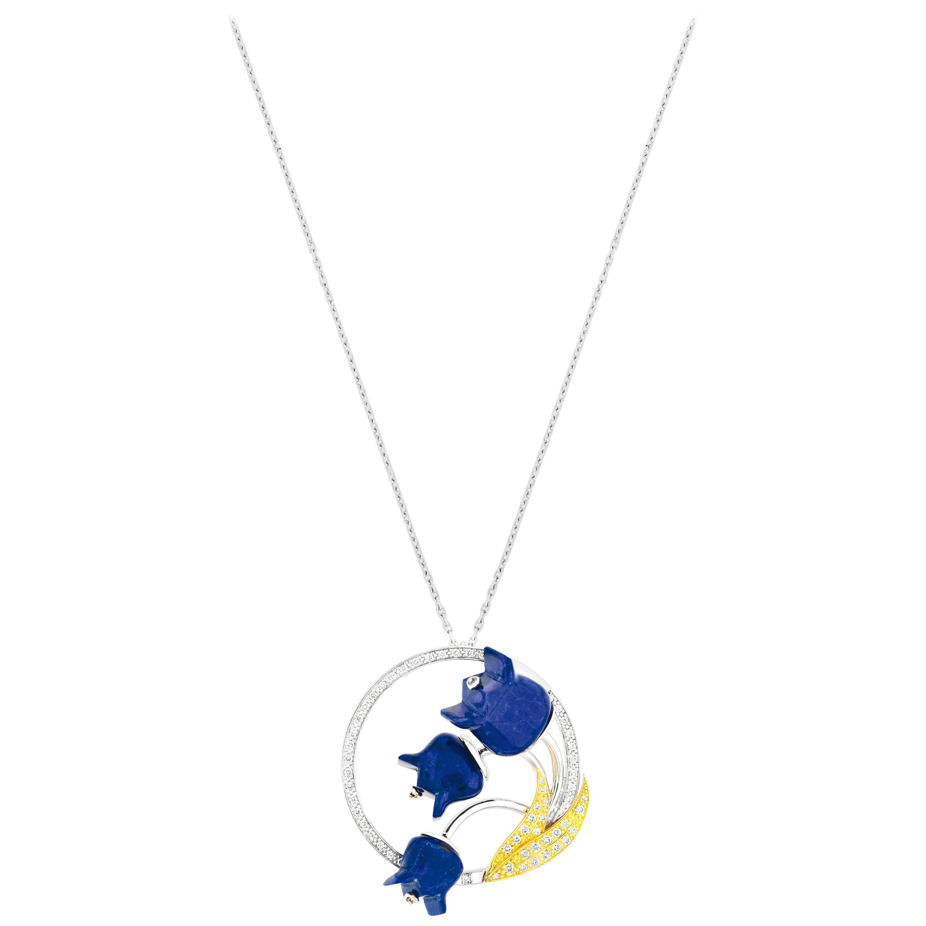 LALIQUE Muguet Lapis Pendant 18K White Gold For Sale