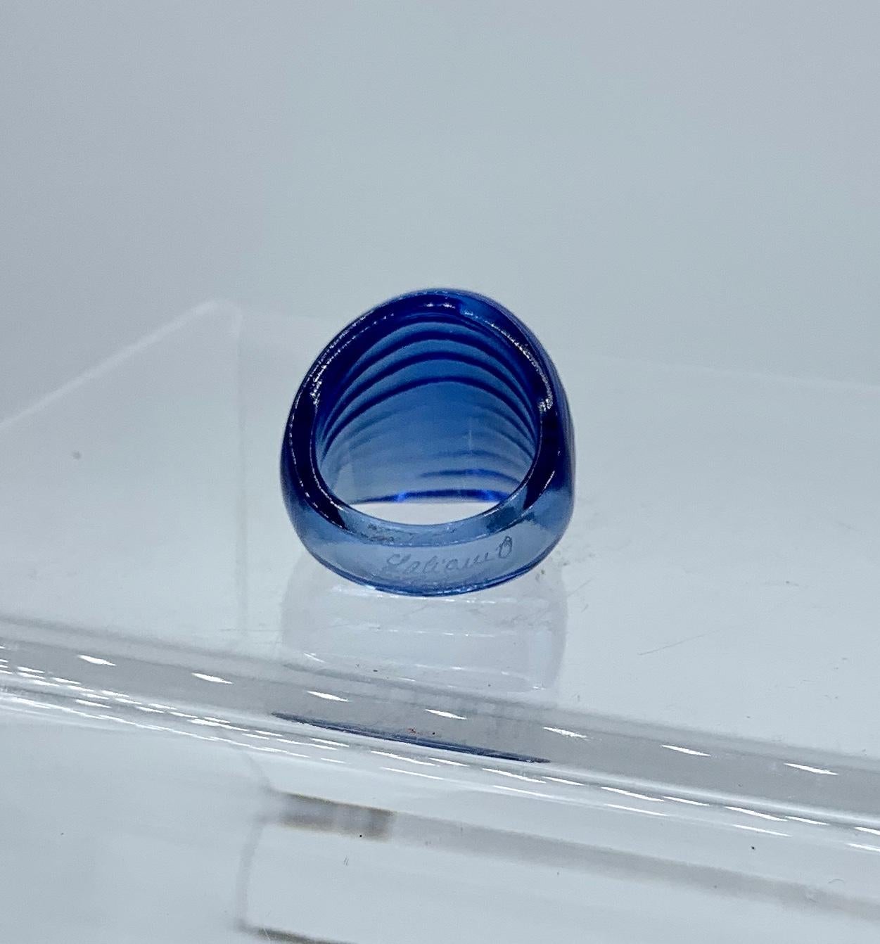 Cabochon Lalique Nerita Ring Blue Tone Crystal Domed Ring with Original Box For Sale