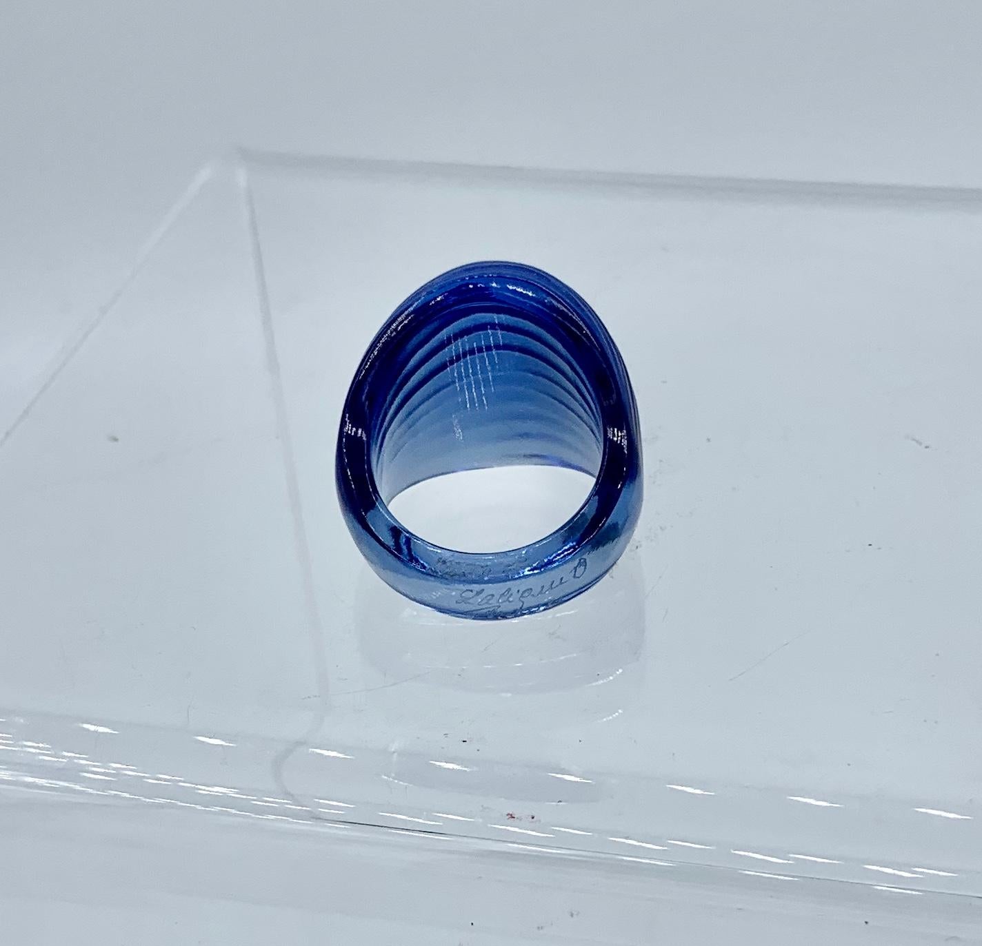 Lalique Nerita Ring Blue Tone Crystal Domed Ring with Original Box In Good Condition For Sale In New York, NY