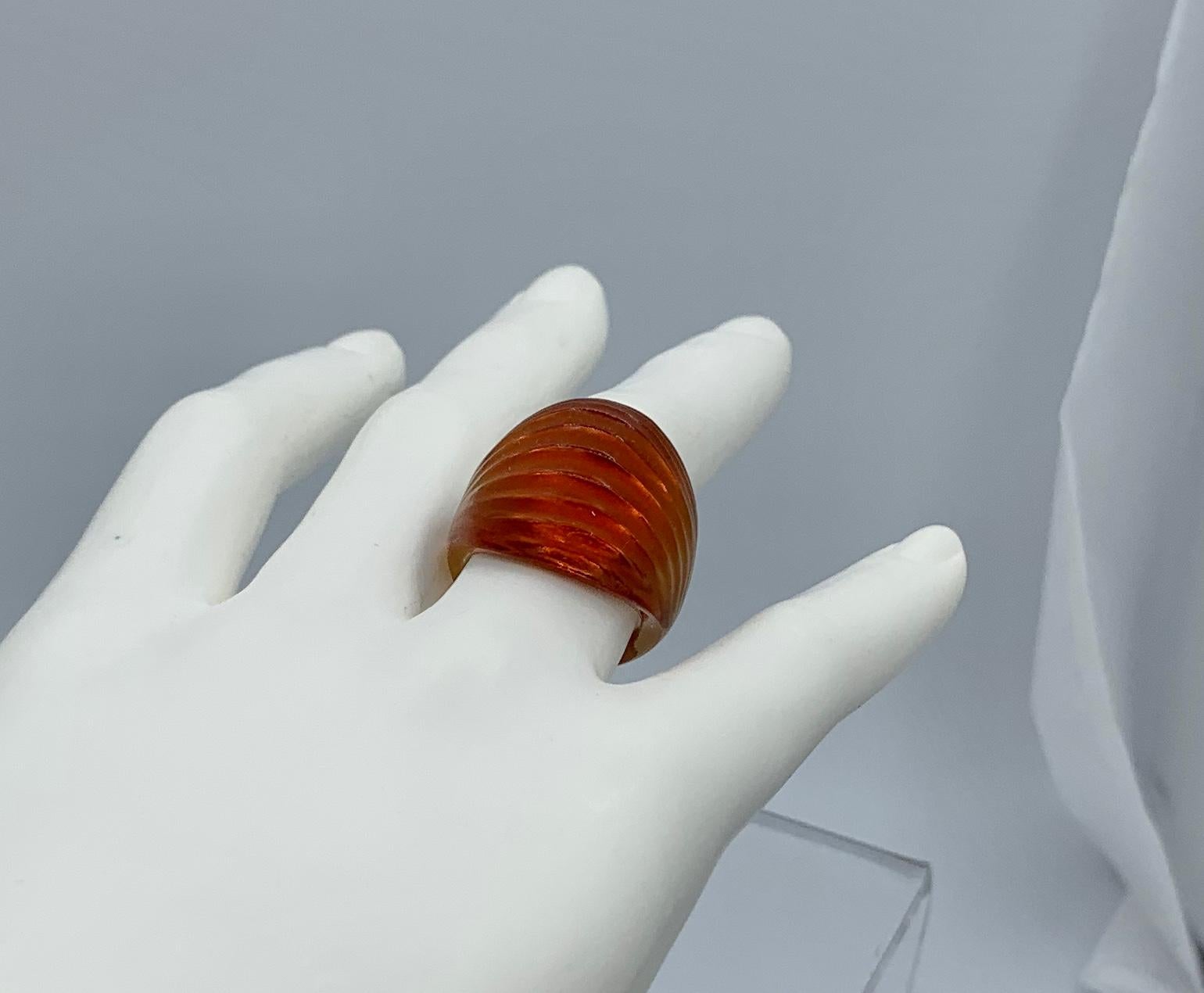 Contemporary Lalique Nerita Ring Red Amber Tone Crystal Domed Ring with Original Box For Sale