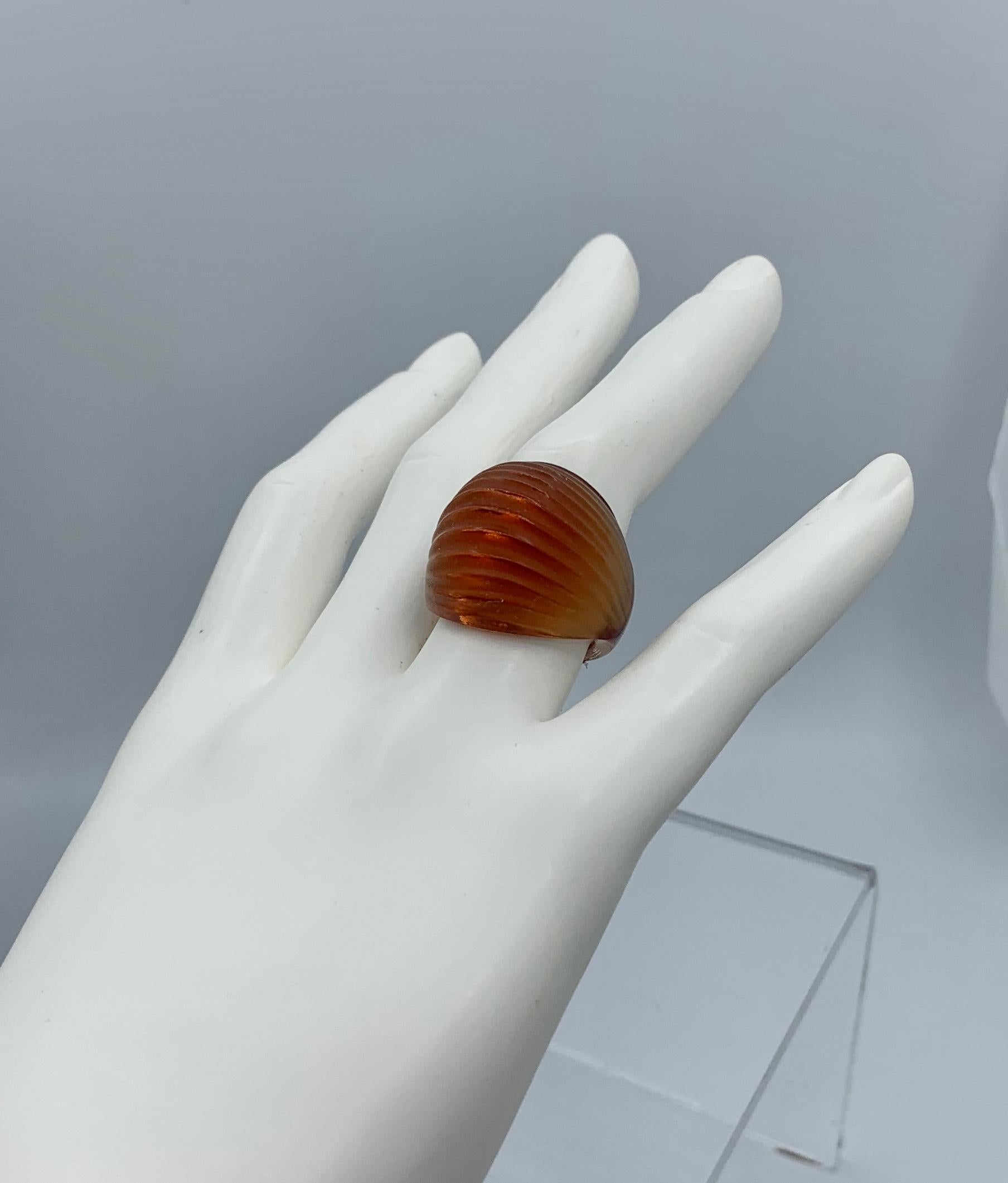 Cabochon Lalique Nerita Ring Red Amber Tone Crystal Domed Ring with Original Box For Sale