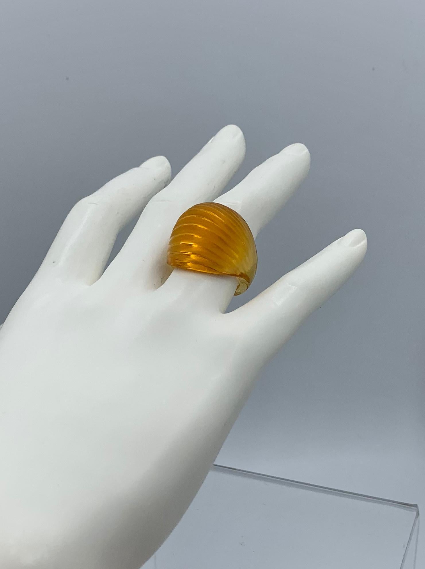 Cabochon Lalique Nerita Ring Yellow Tone Crystal Domed Ring with Original Box For Sale