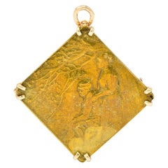 Antique Lalique Nouveau 14 Karat Gold Bronze Forest Soldier Repousse Pendant Brooch