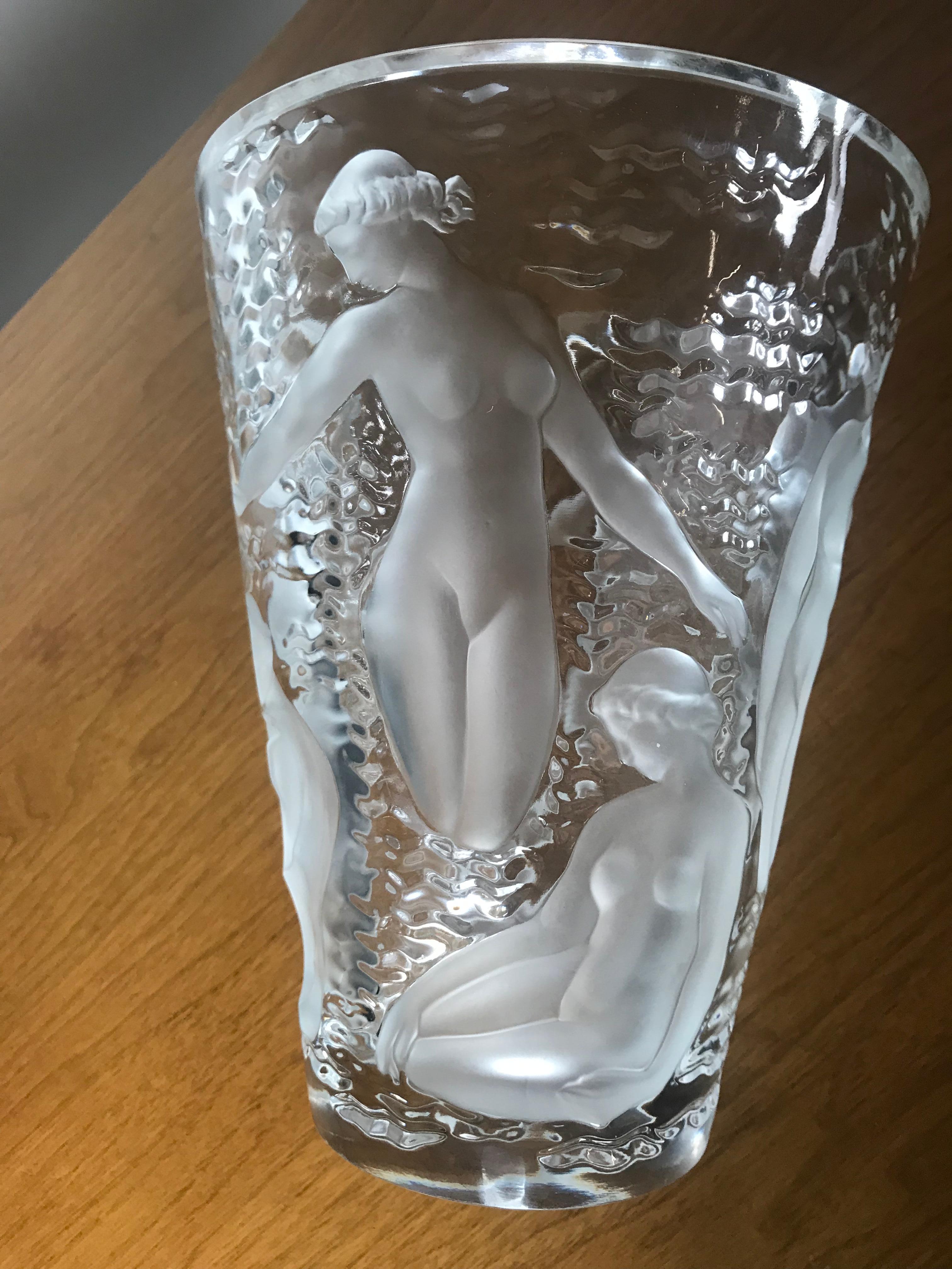 Lalique Ondines France crystal glass vase with nude muses, stunning centerpiece.