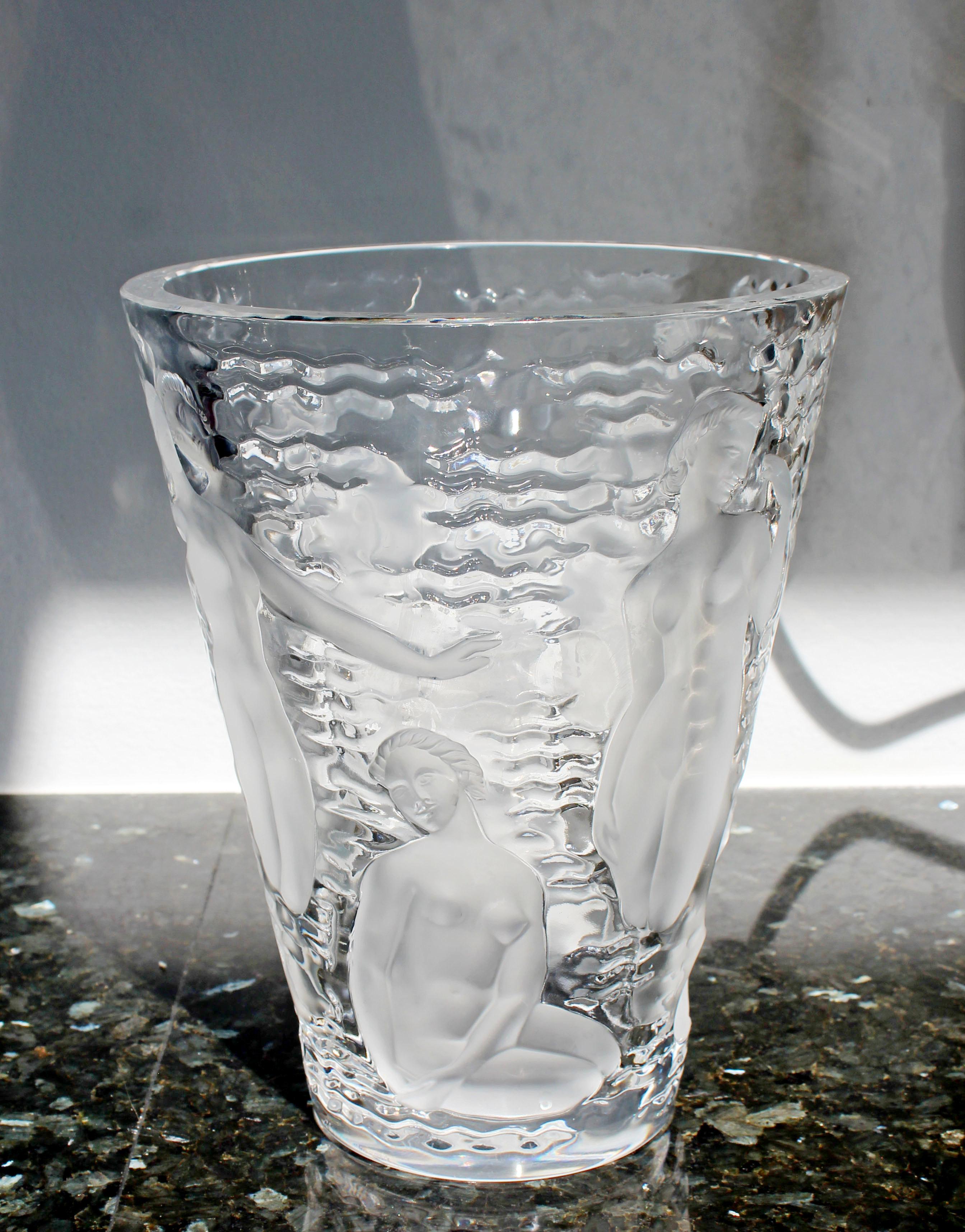 For your consideration is a stunning, crystal vase with muses engraved in the glass, by Lalique France. In excellent condition. The dimensions are 7.5