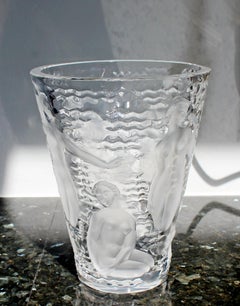 Lalique Ondines France Crystal Glass Vase with Nude Muses