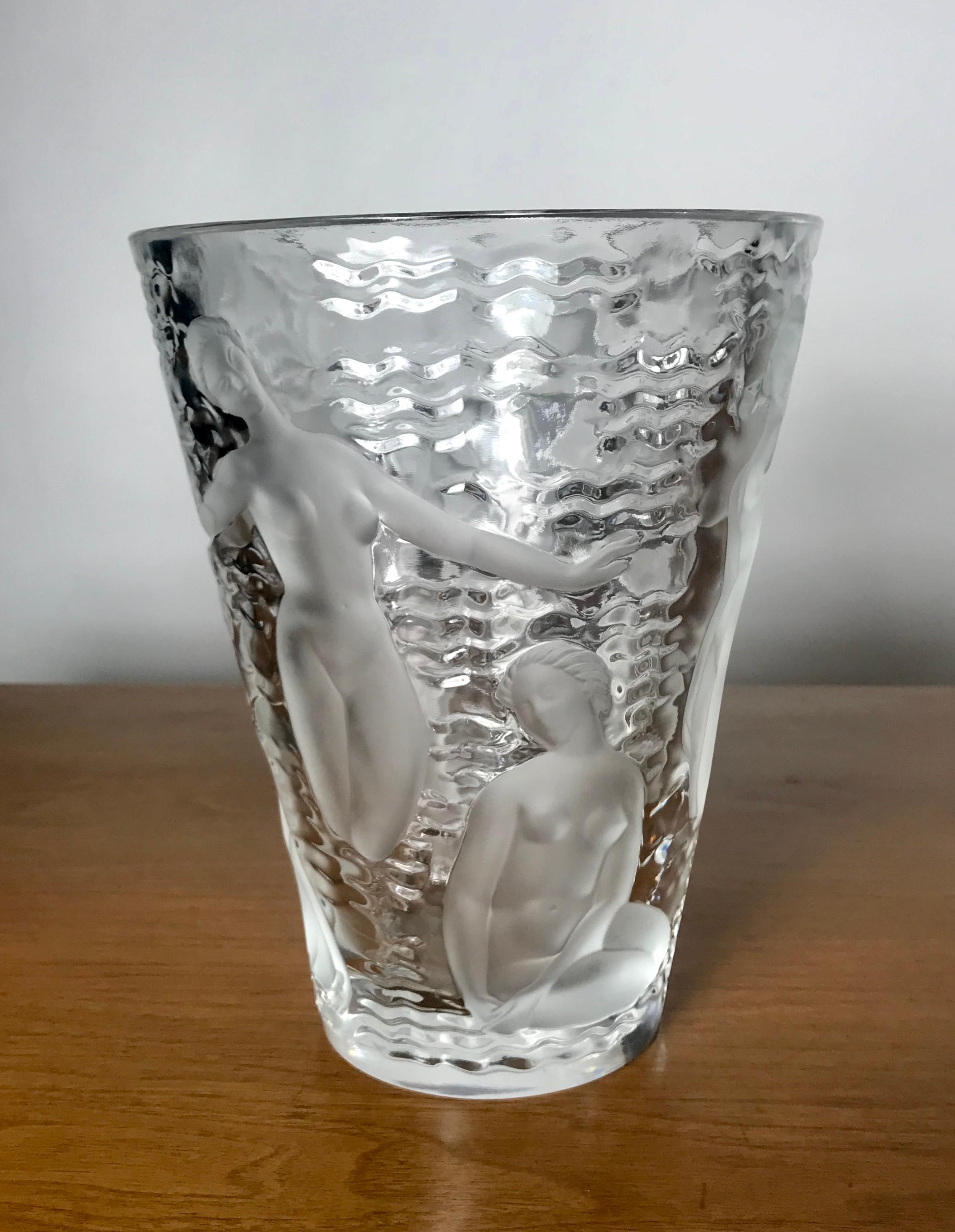 Art Deco Lalique Ondines France Crystal Glass Vase with Nude Muses