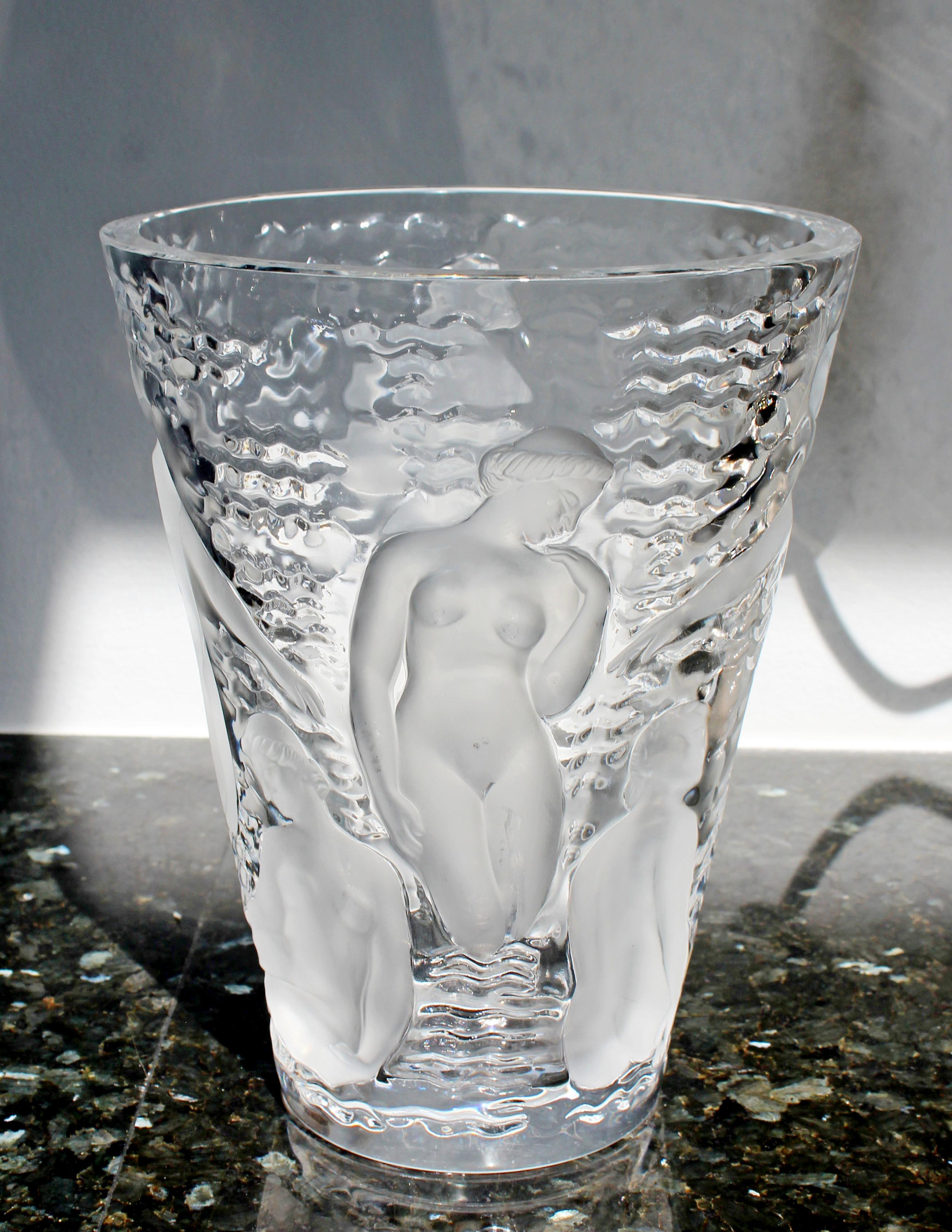 French Lalique Ondines France Crystal Glass Vase with Nude Muses