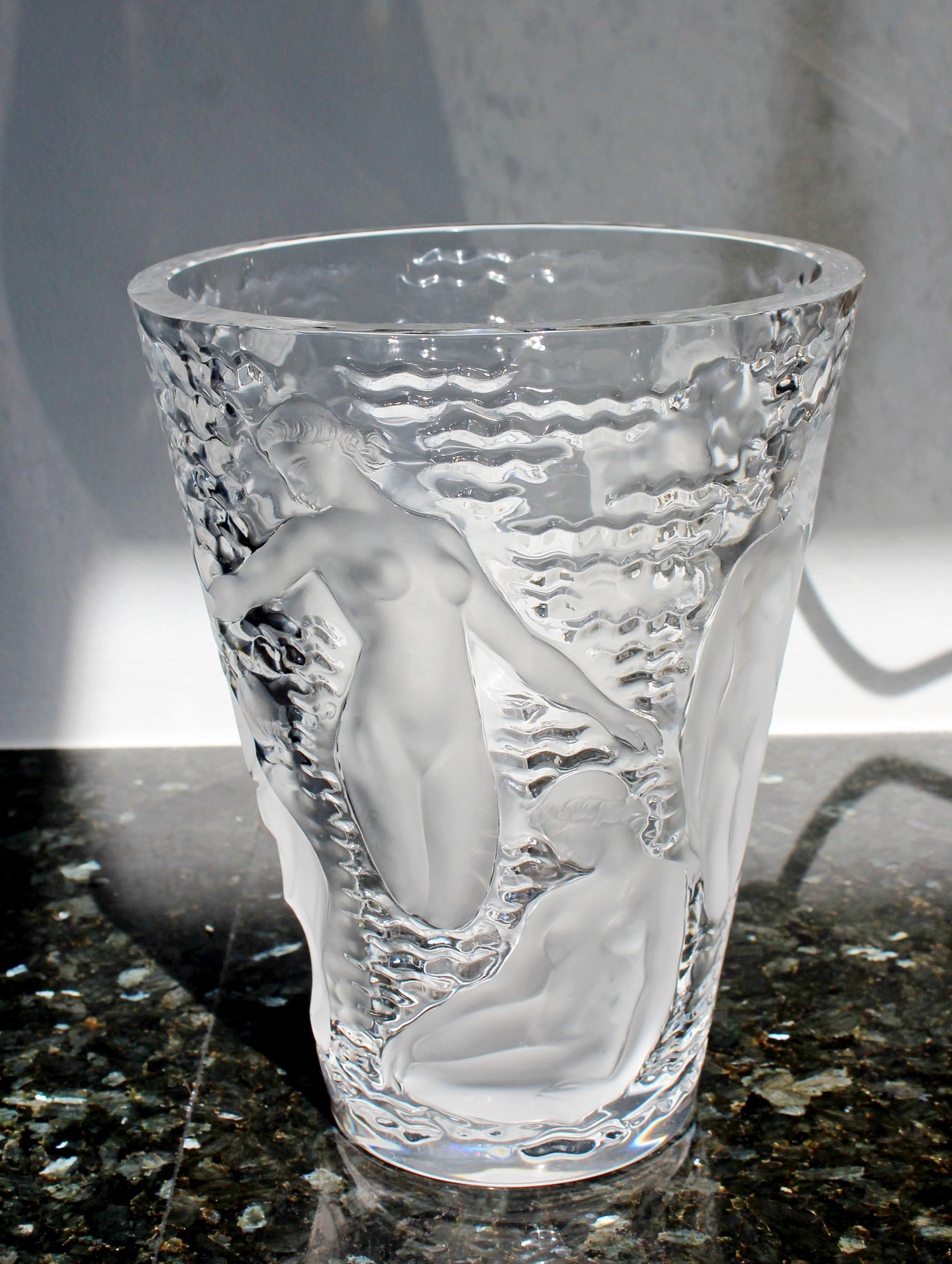 Lalique Ondines France Crystal Glass Vase with Nude Muses In Good Condition In Keego Harbor, MI