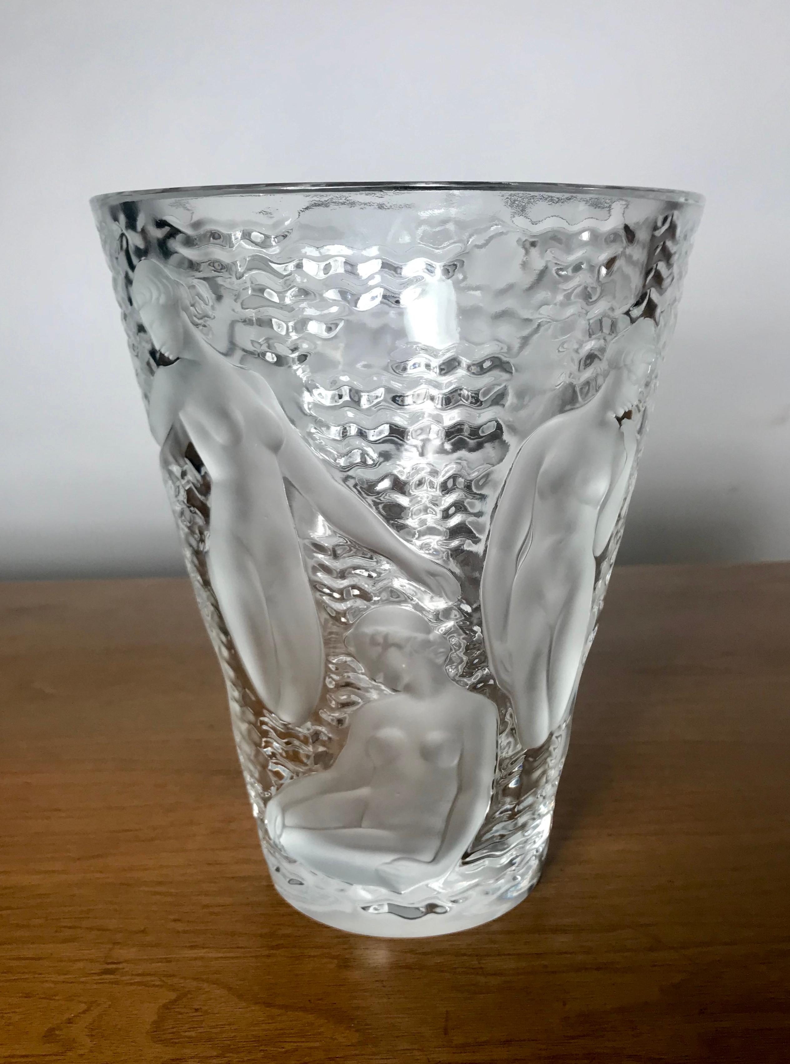 Lalique Ondines France Crystal Glass Vase with Nude Muses In Excellent Condition In Buffalo, NY