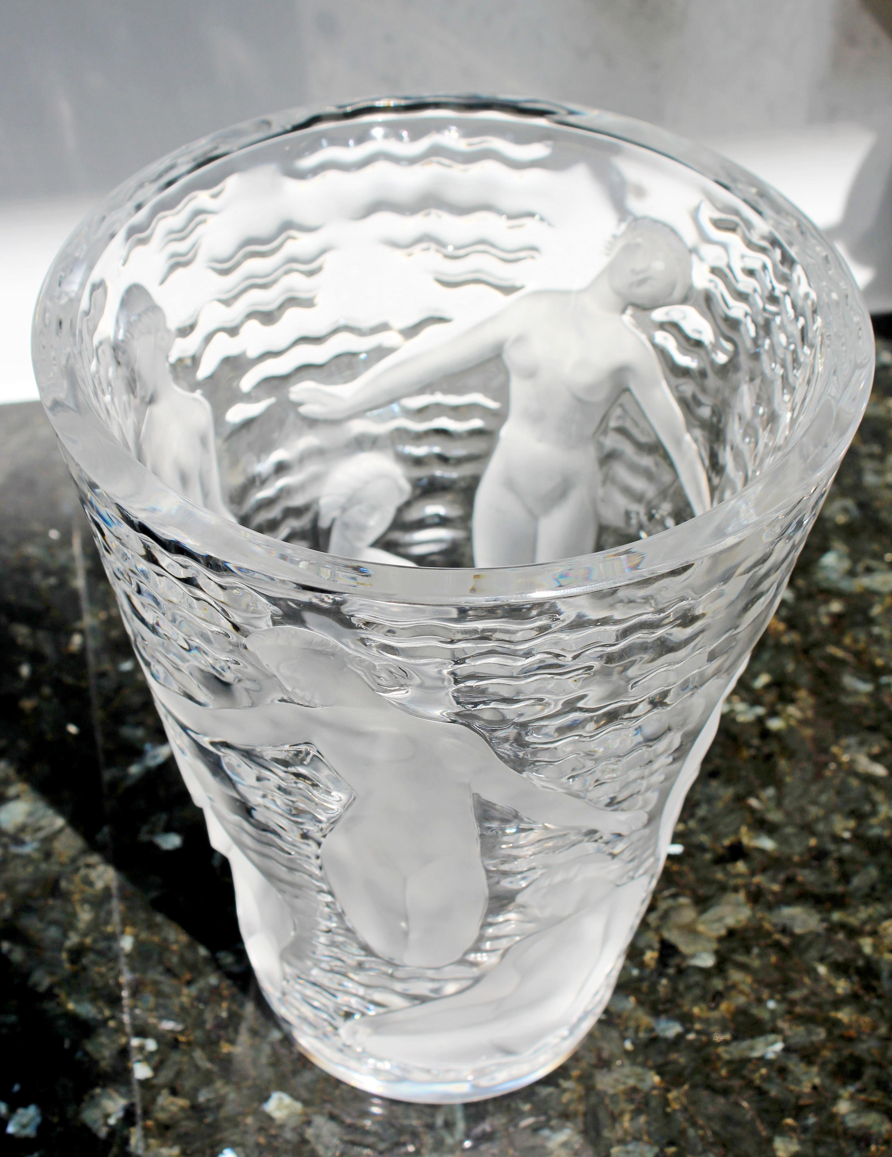 Lalique Ondines France Crystal Glass Vase with Nude Muses 1