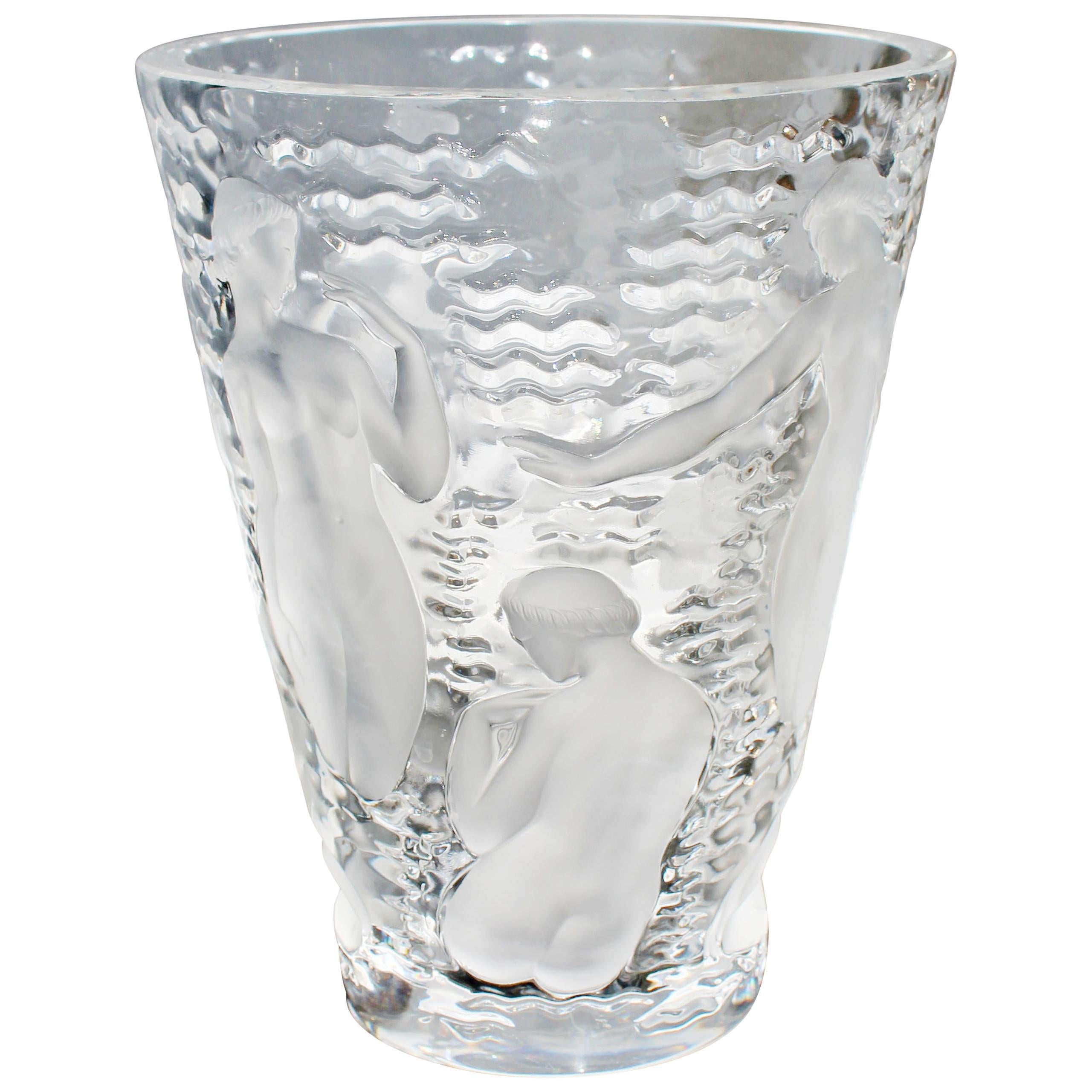 Lalique Ondines France Crystal Glass Vase with Nude Muses
