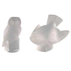 Lalique, Owl and Bird in Clear Art Glass, 1960s