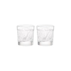 Lalique Owl Set of Two Cordial/Whiskey Tumblers in Clear Crystal