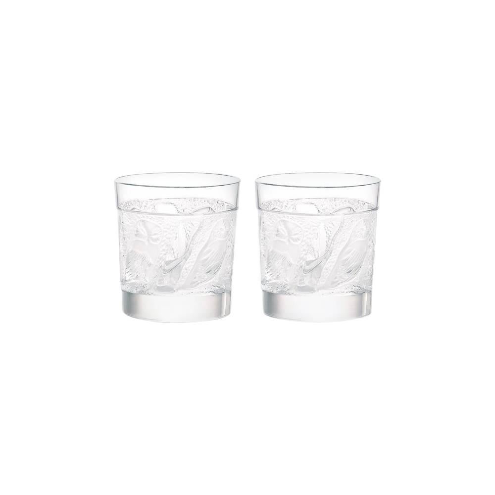 Lalique Owl Set of Two Old Fashion Tumblers in Clear Crystal For Sale