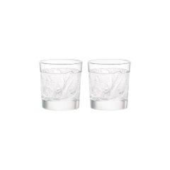 Lalique Owl Set of Two Old Fashion Tumblers in Clear Crystal