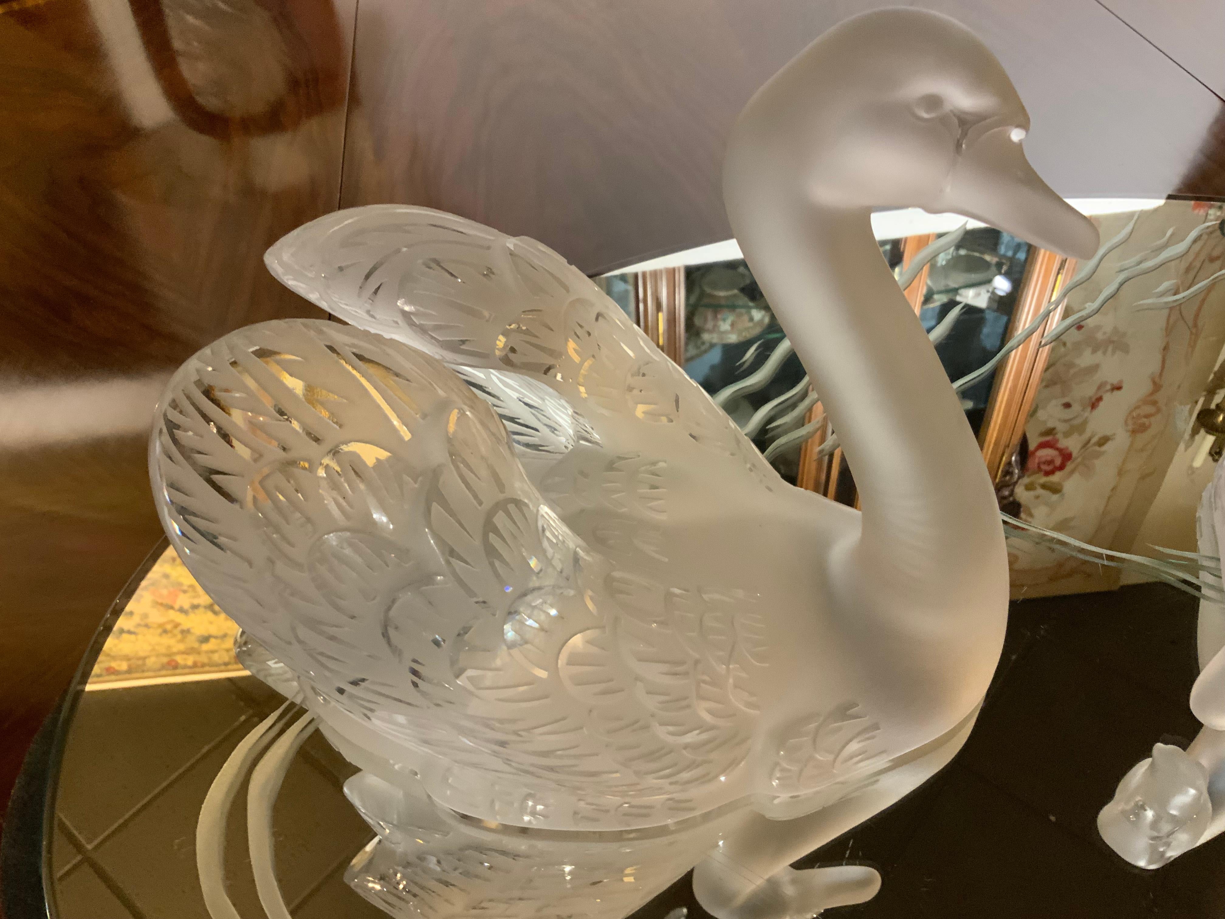 20th Century Lalique pair of frosted crystal swans on  mirror etched centerpiece 