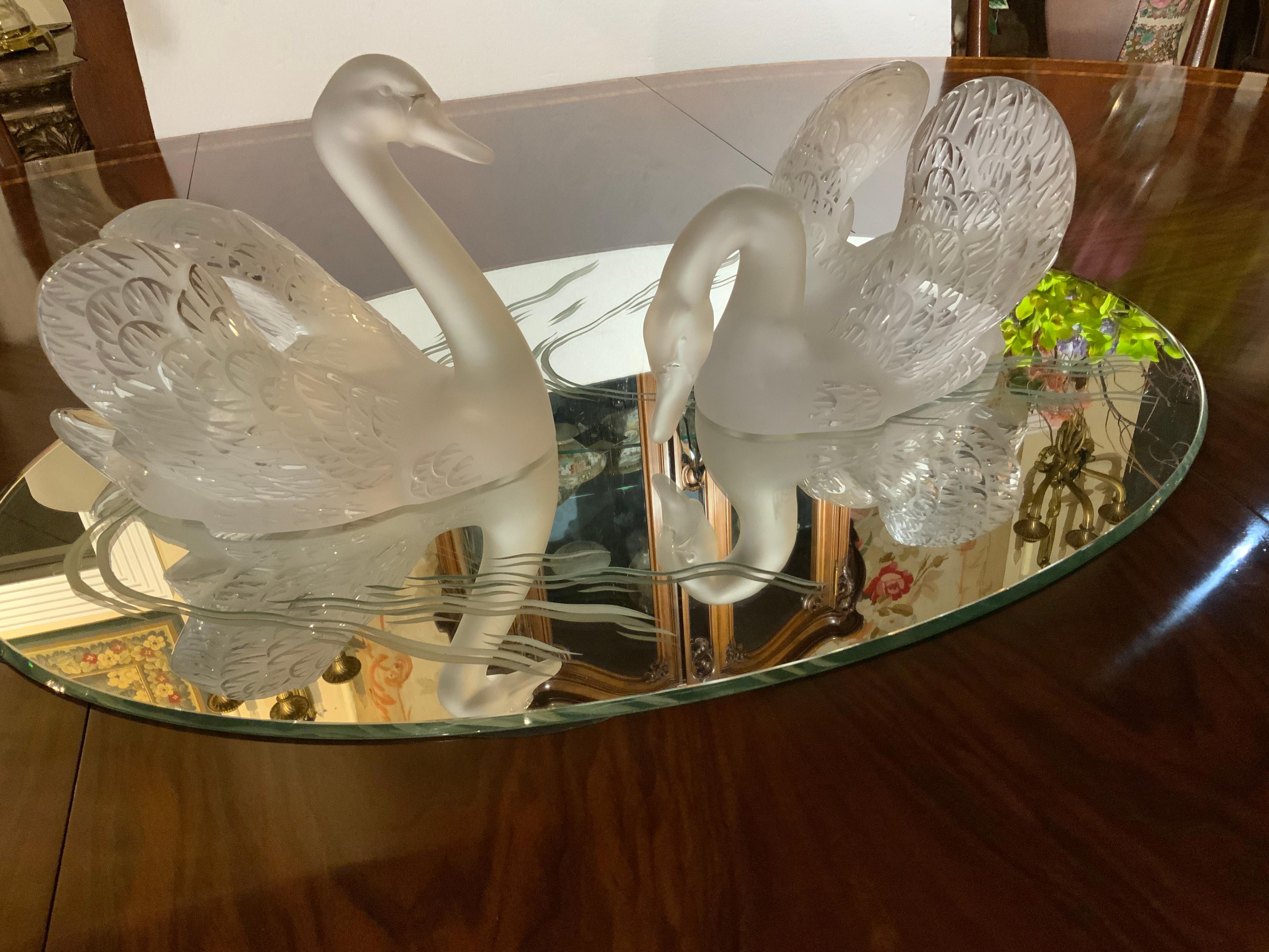 Crystal Lalique pair of frosted crystal swans on  mirror etched centerpiece 