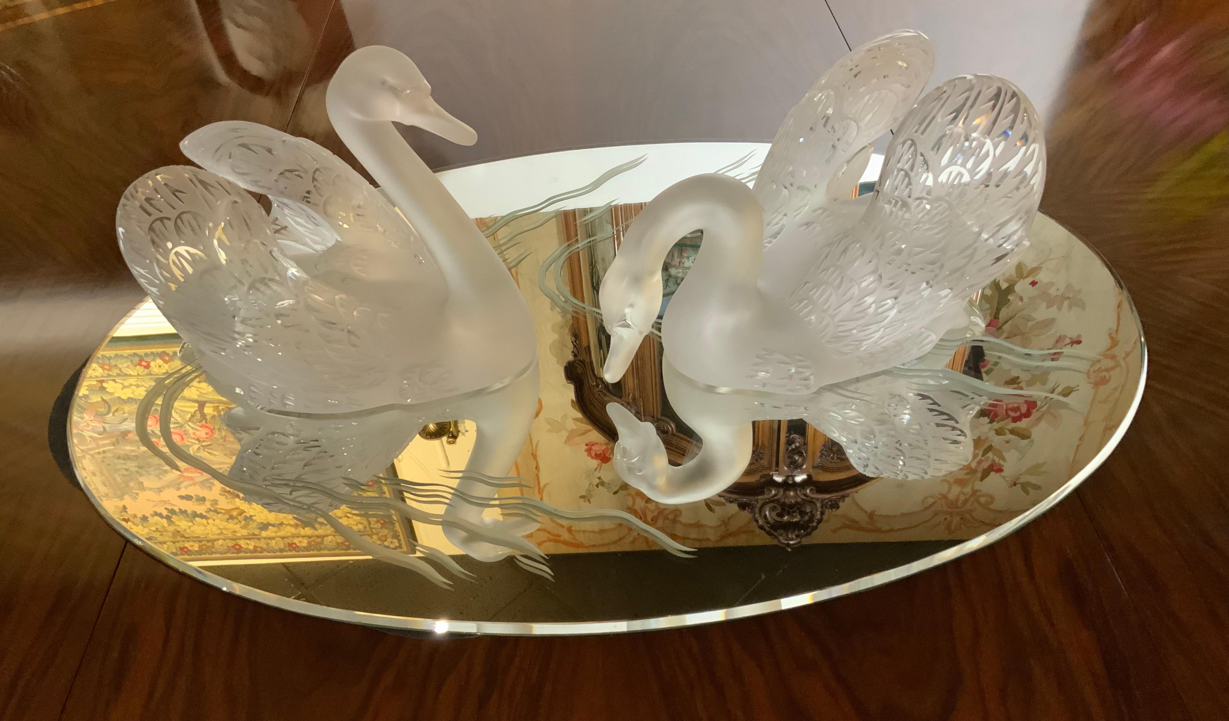 Lalique pair of frosted crystal swans on  mirror etched centerpiece  1