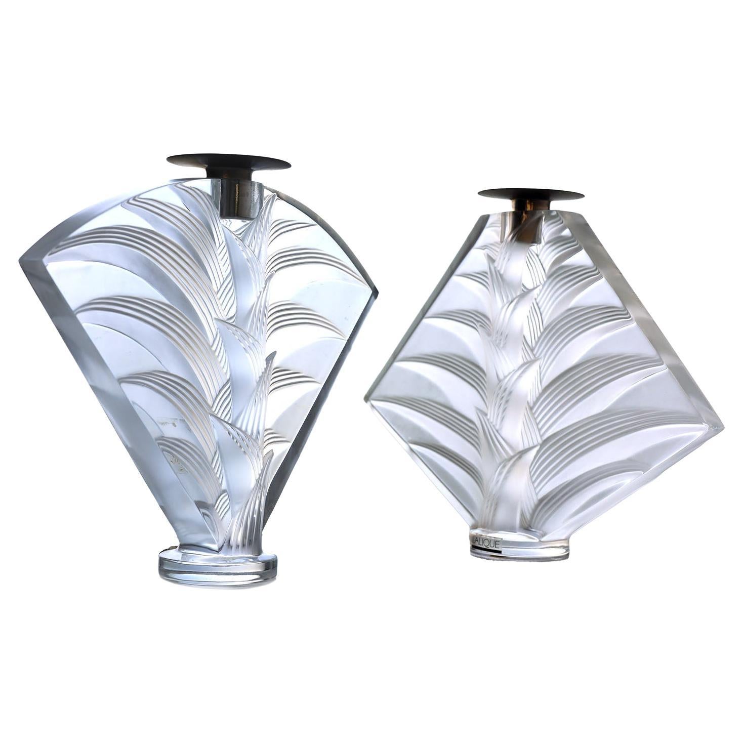Lalique Pair of " Ravelana" Candle Holders