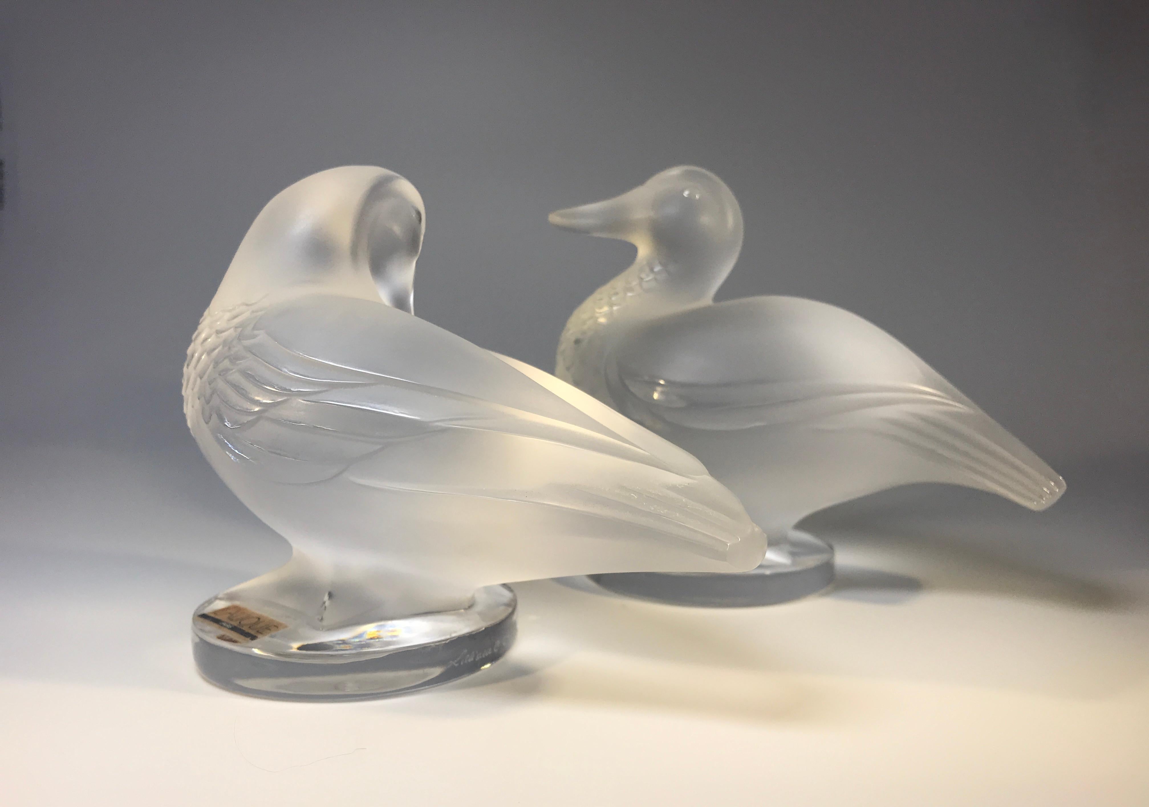 Frosted Lalique 'Paire De Canards' Pair of Exquisite Lalique Crystal Ducks, France