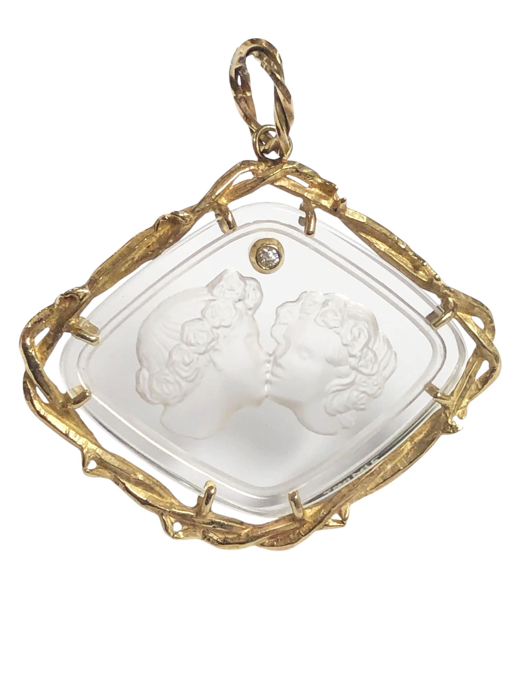 Lalique Paris Le Baiser Love Kisses Gold Crystal and Diamond Large Pendant In Excellent Condition For Sale In Chicago, IL