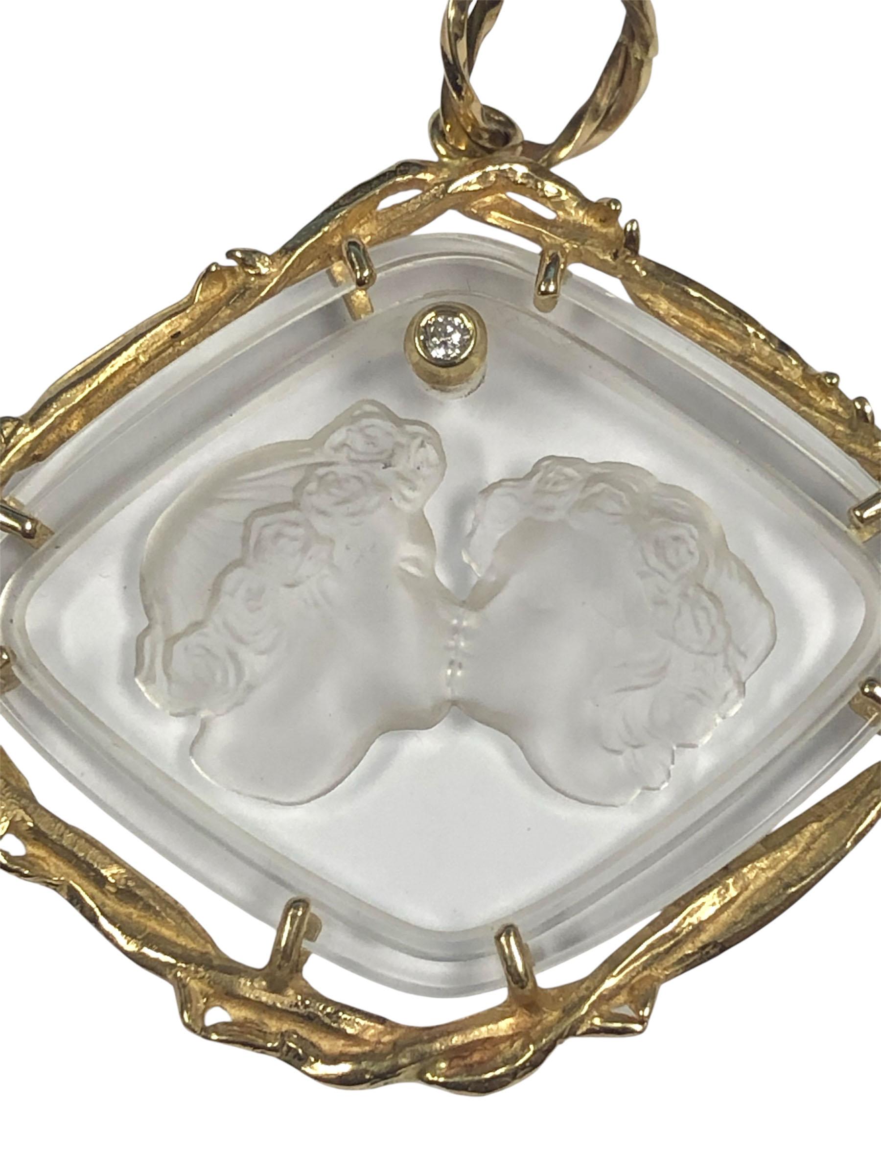Lalique Paris Le Baiser Love Kisses Gold Crystal and Diamond Large Pendant For Sale 1