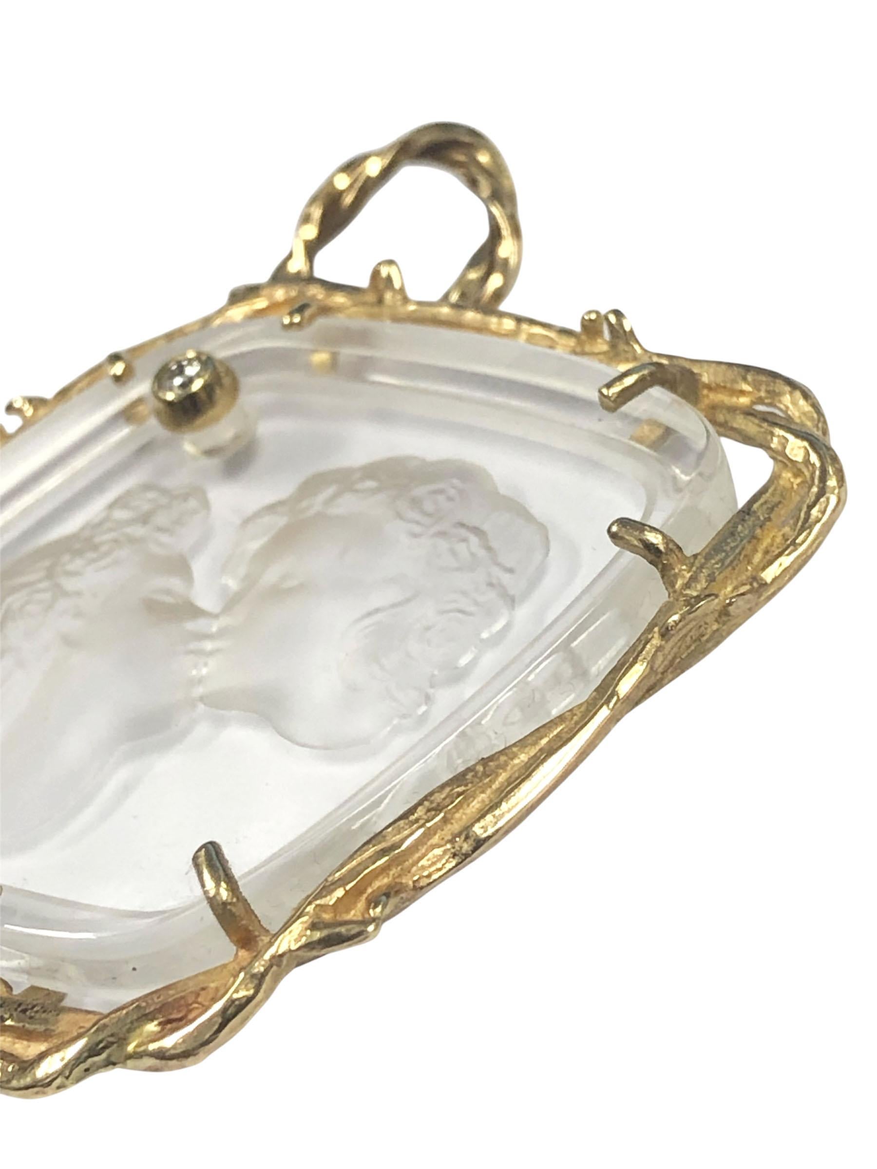 Lalique Paris Le Baiser Love Kisses Gold Crystal and Diamond Large Pendant For Sale 2