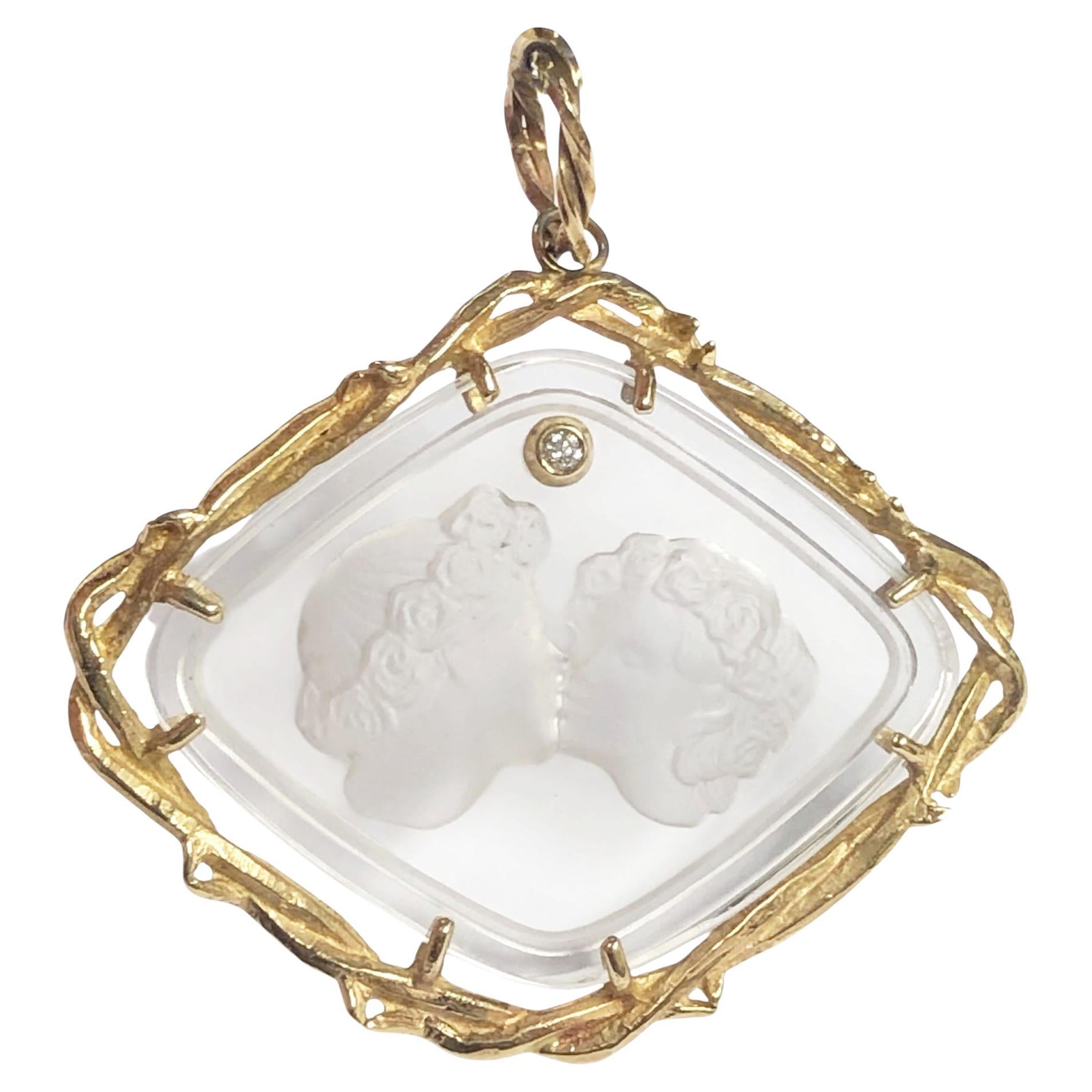 Lalique Paris Le Baiser Love Kisses Gold Crystal and Diamond Large Pendant For Sale