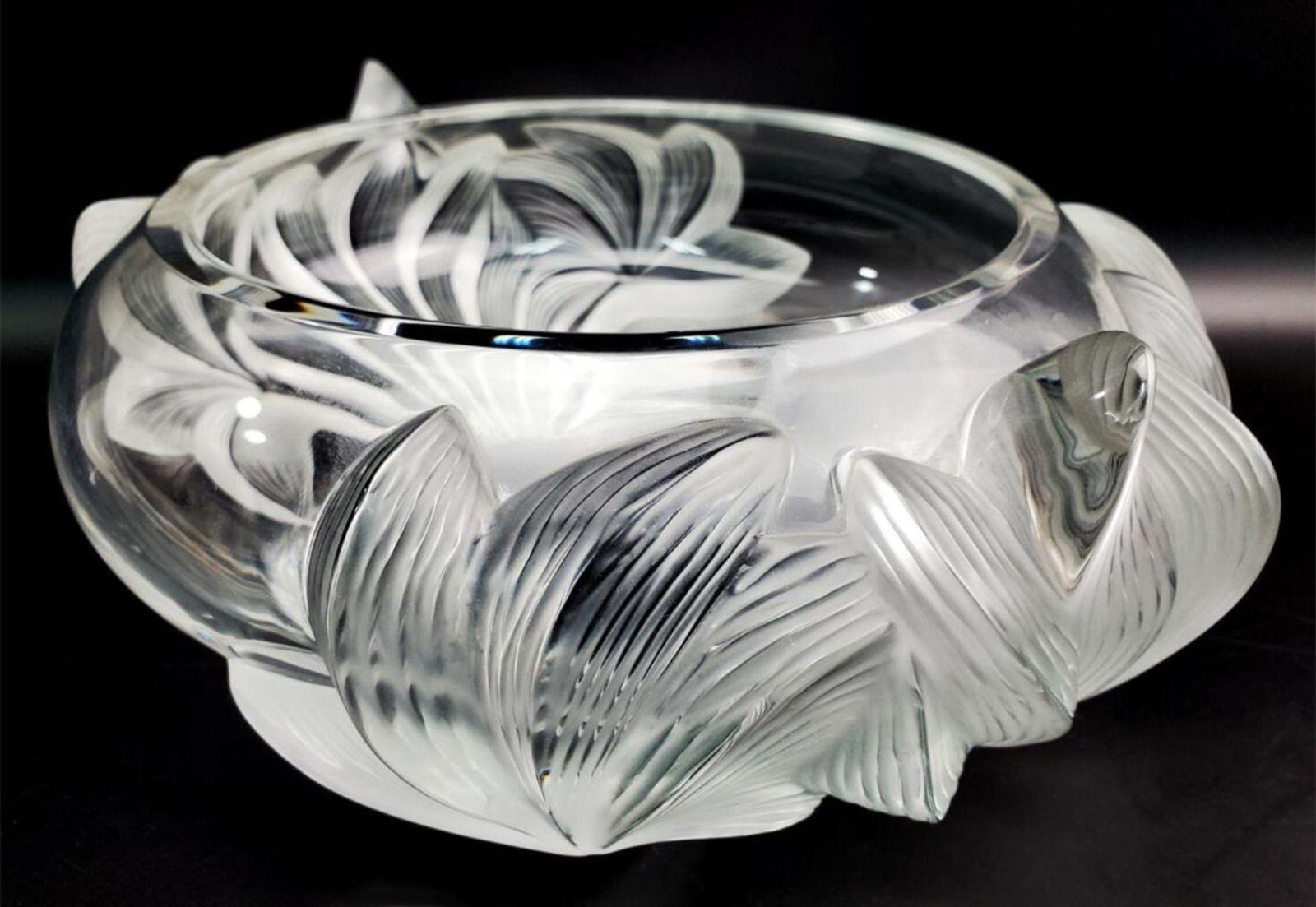 Lalique Pivoine Frosted Glass Centerpiece Bowl In Good Condition In Los Angeles, CA